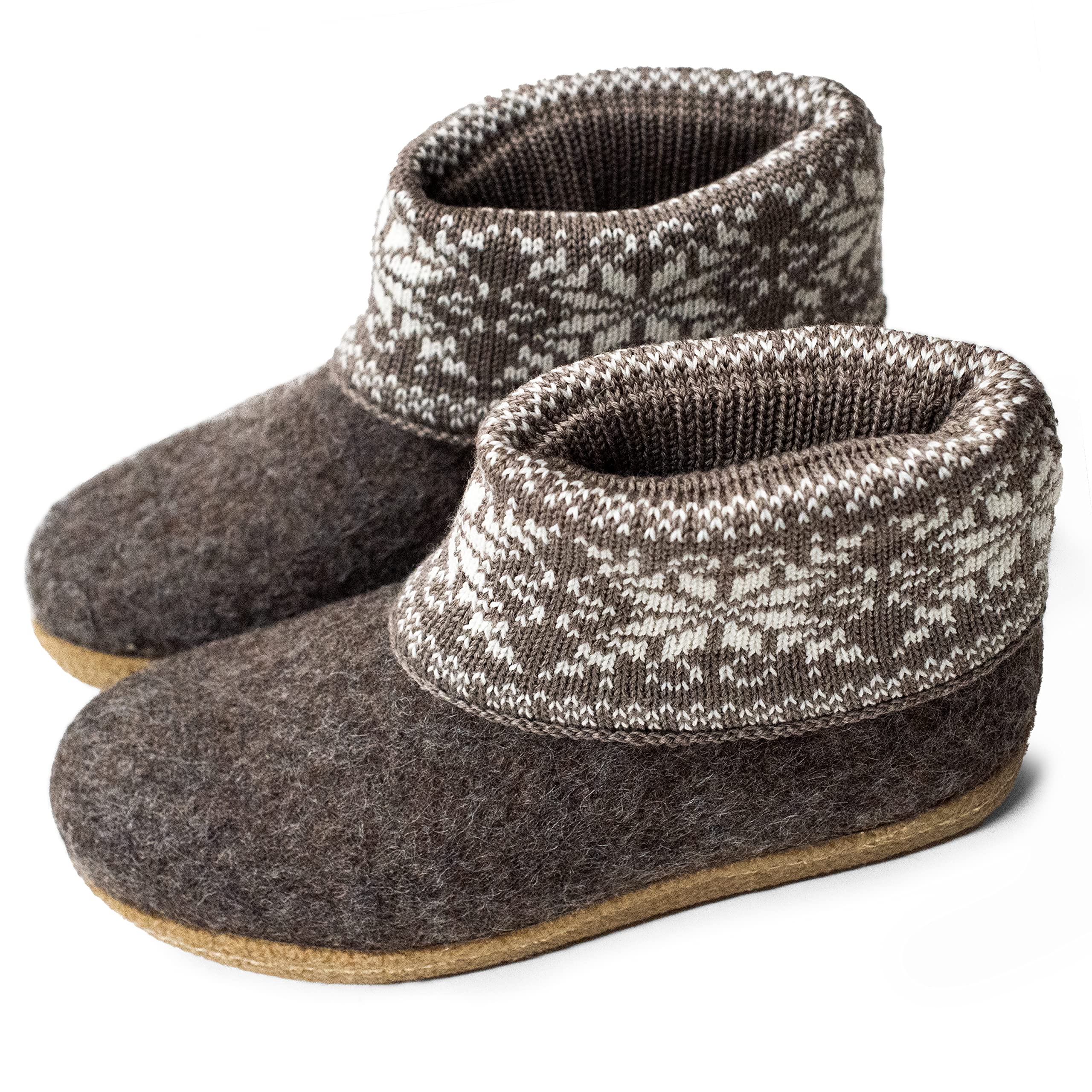 Women's Handmade Warm Wool Boot Slippers with Scandinavian Knit Collar - Cozy Indoor/Outdoor House Shoes with Rubber or Leather Outsole for Winter Comfort & Nordic Style