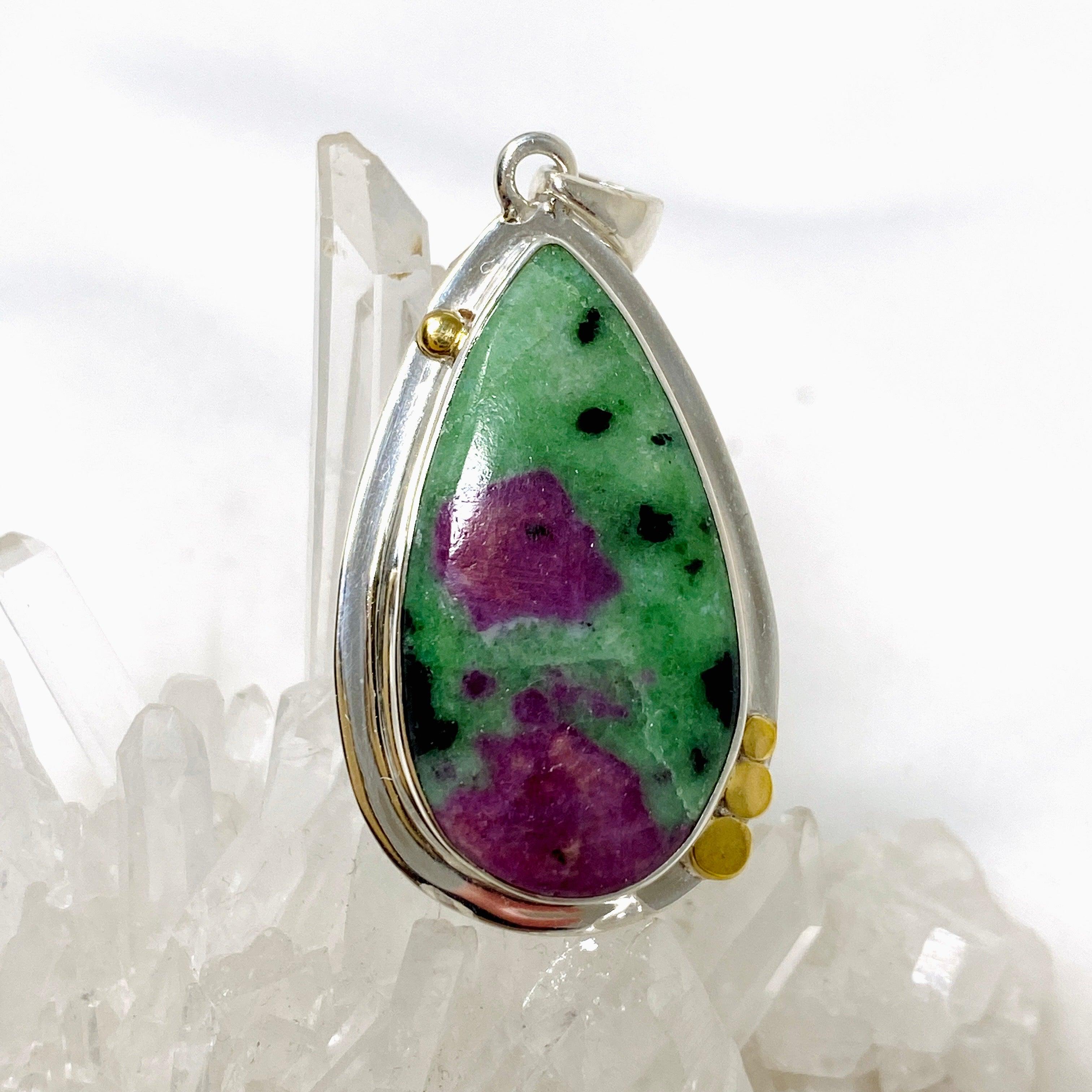 Natural Ruby in Zoisite Teardrop Pendant Necklace - Handcrafted Sterling Silver Jewelry KPGJ4494 | Perfect for Spiritual Healing, Meditation & Elegant Occasions