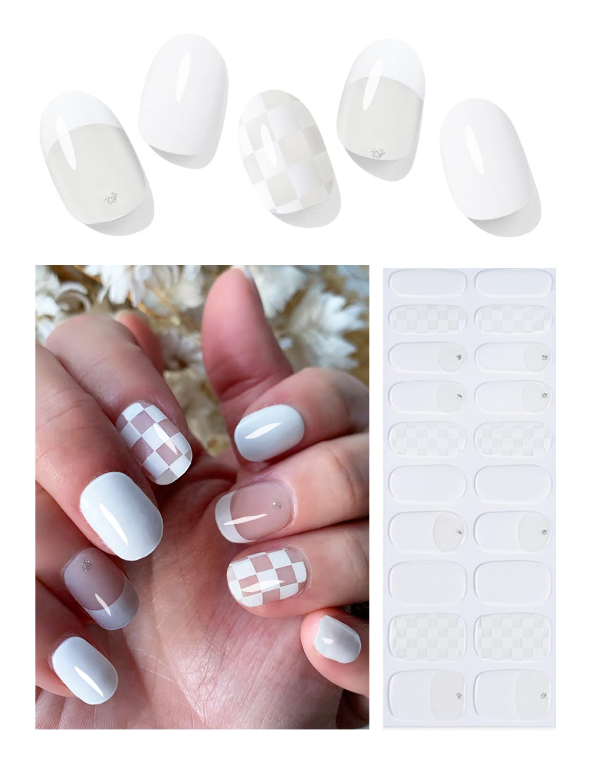 20PCS Semi-Cured Gel Nail Strips - French White Plaid UV Gel Nail Wraps for DIY Manicure | Long-Lasting Salon-Quality Nails at Home | Perfect for Parties, Weddings & Daily Wear