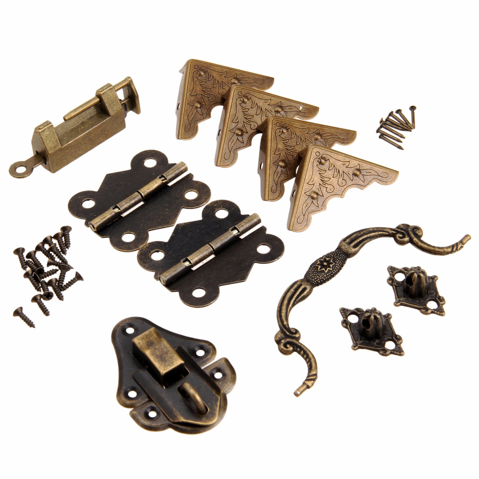 Vintage Decorative Lock & Hardware Kit - Antique Latch Hasps, Pull Handles, Hinges & Box Corner Protectors for Jewelry Box, Treasure Chest, Wooden Box - Perfect for DIY Crafts & Home Decor Projects (12-Piece Set)