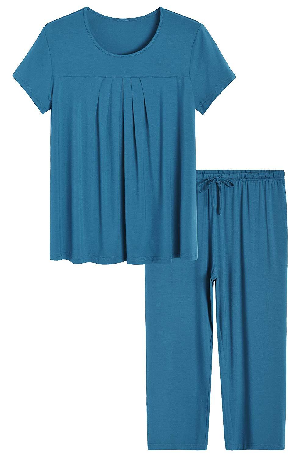Soft & Breathable Women's Bamboo Pajama Set - Pleated Top & Capri Pants for Comfortable Sleep & Lounge Wear - Perfect for Nighttime Relaxation, Spa Days & Cozy Evenings at Home