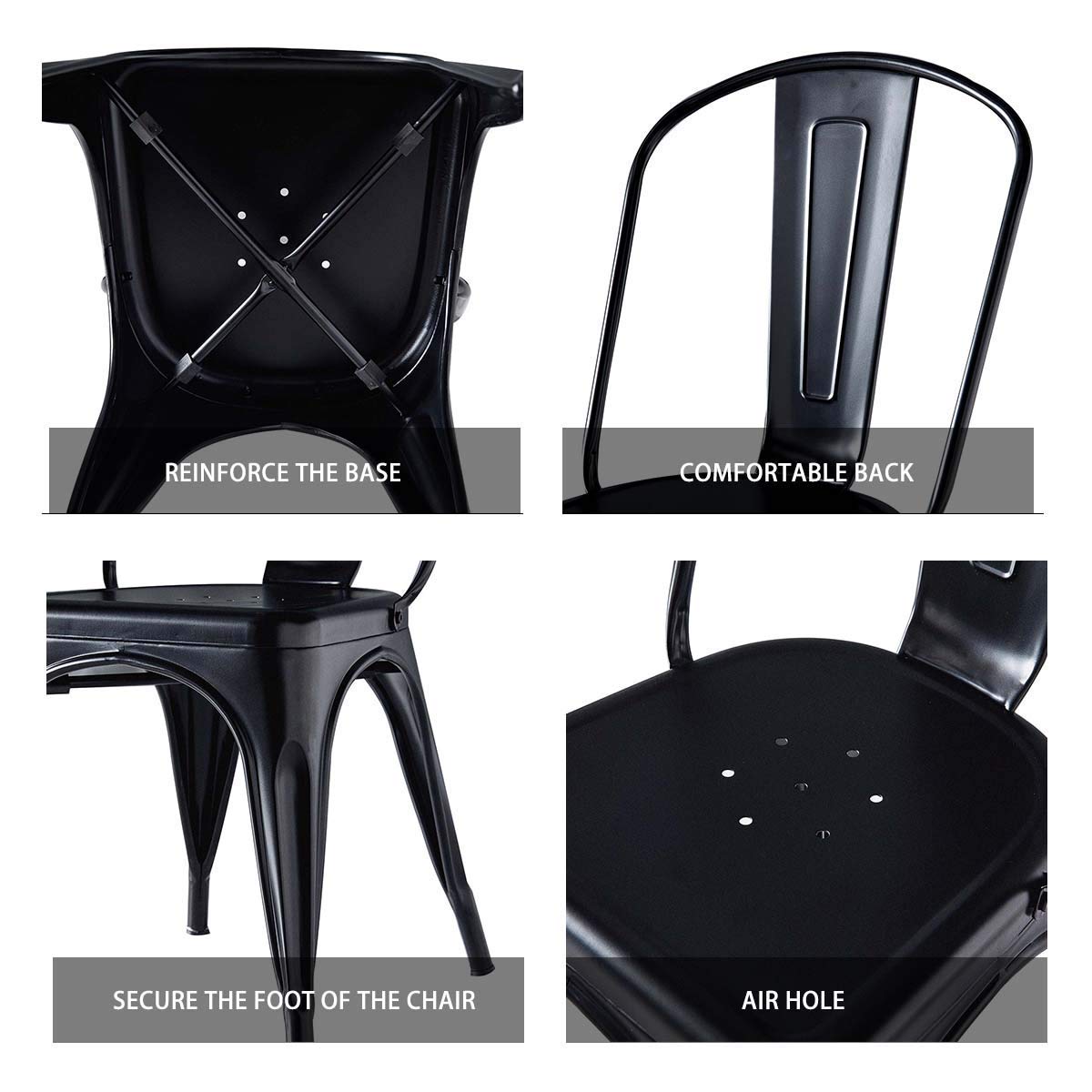 Hironpal 4-Pack Stackable Metal Dining Chairs with Detachable Backrest - Matte Black Tolix Style Chairs for Kitchen, Dining Room, Bistro & Cafe | Indoor & Outdoor Use, Commercial & Home Decor
