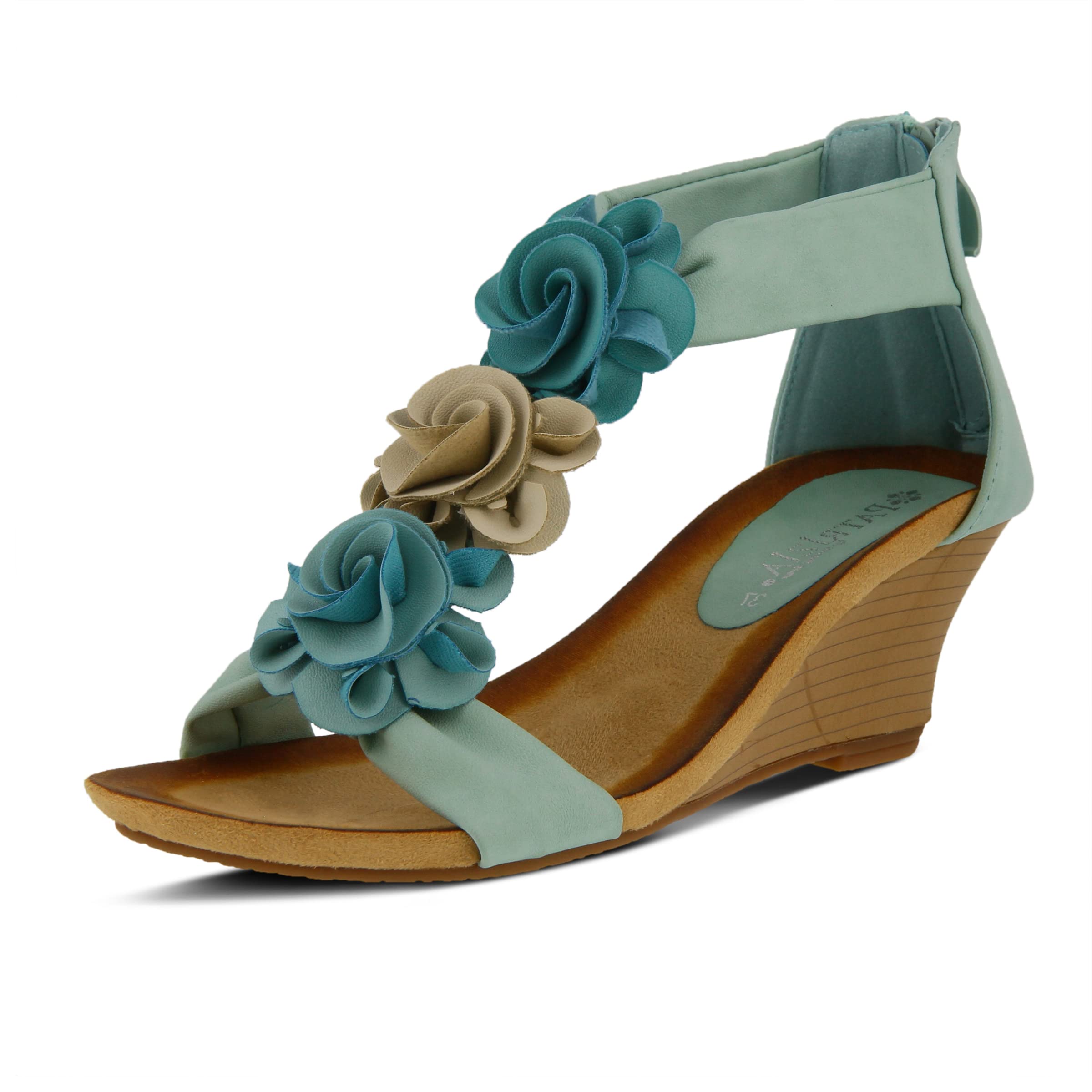 PATRIZIA Women's HARLEQUIN T-Strap Wedge Sandals with Floral Accents - Comfortable Back Zipper Design & Cushioned Footbed | Perfect for Summer Outfits, Beach Vacations & Casual Occasions