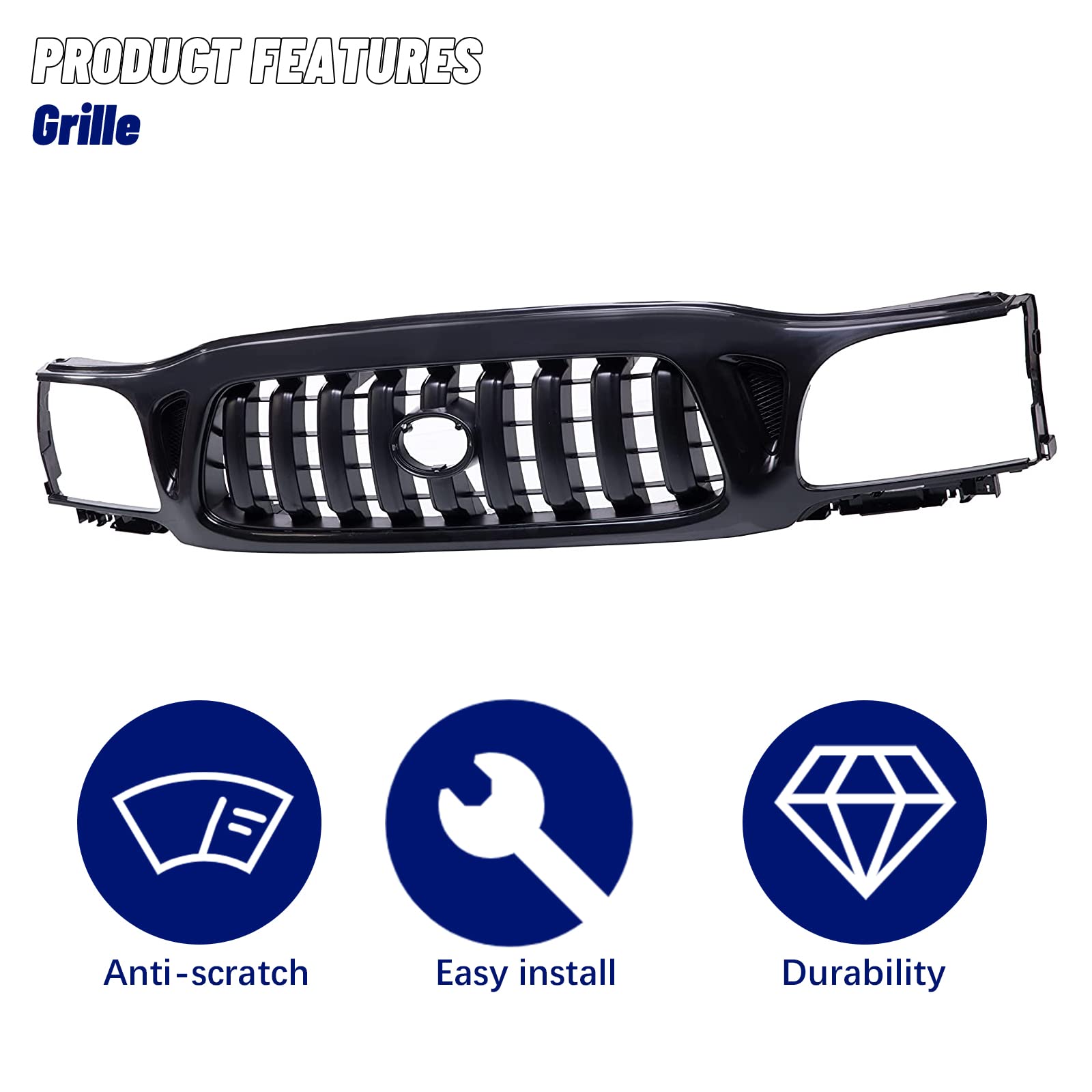 Black Front Grille Grill Assembly with Black Shell & Insert for 2001-2004 Toyota Tacoma Pickup Truck - Off-Road Upgrade & Custom Styling Accessory