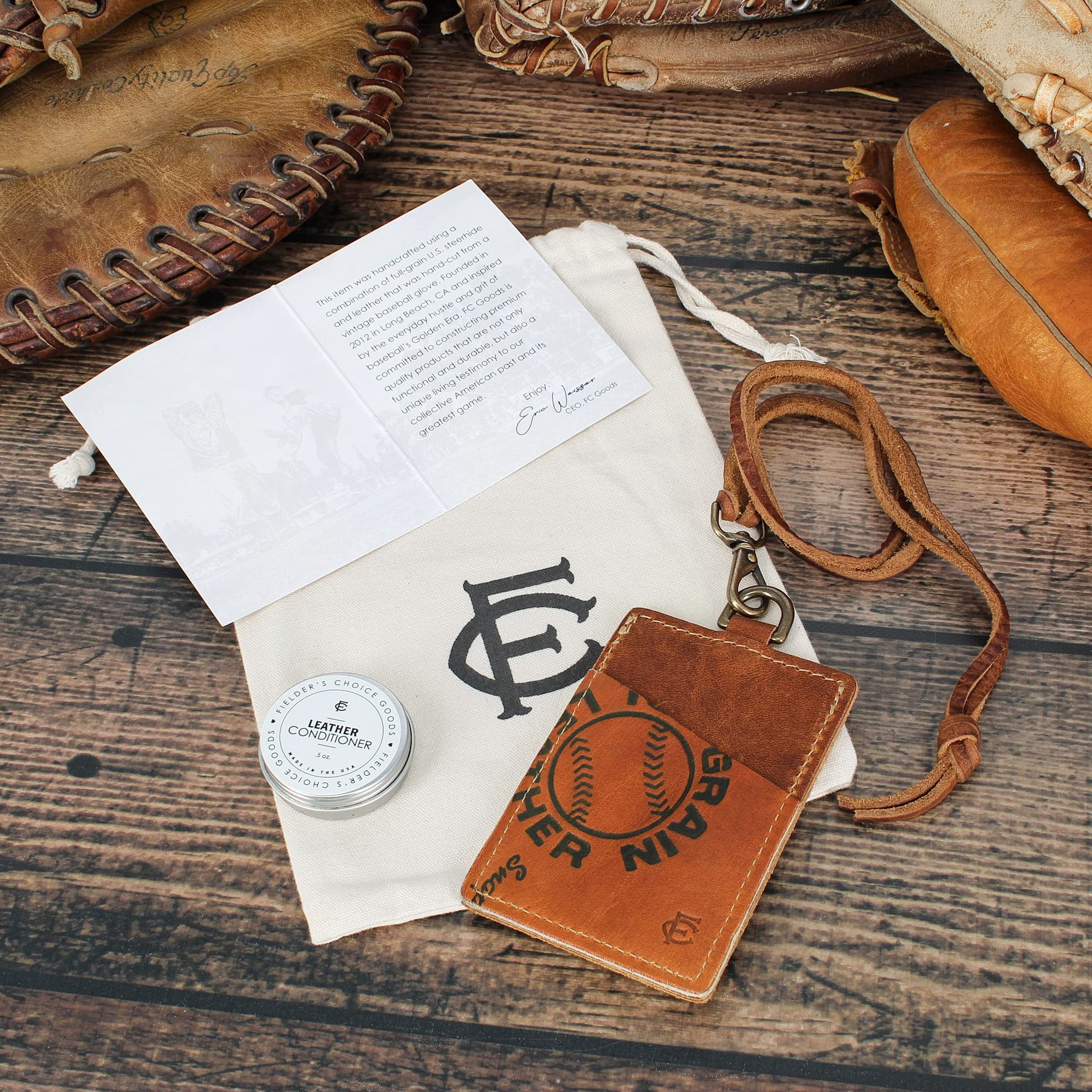 Vintage Baseball Glove Leather Vertical ID Badge Holder with Clear Window & Adjustable Lanyard - Perfect for Work, School, Events and Security Access