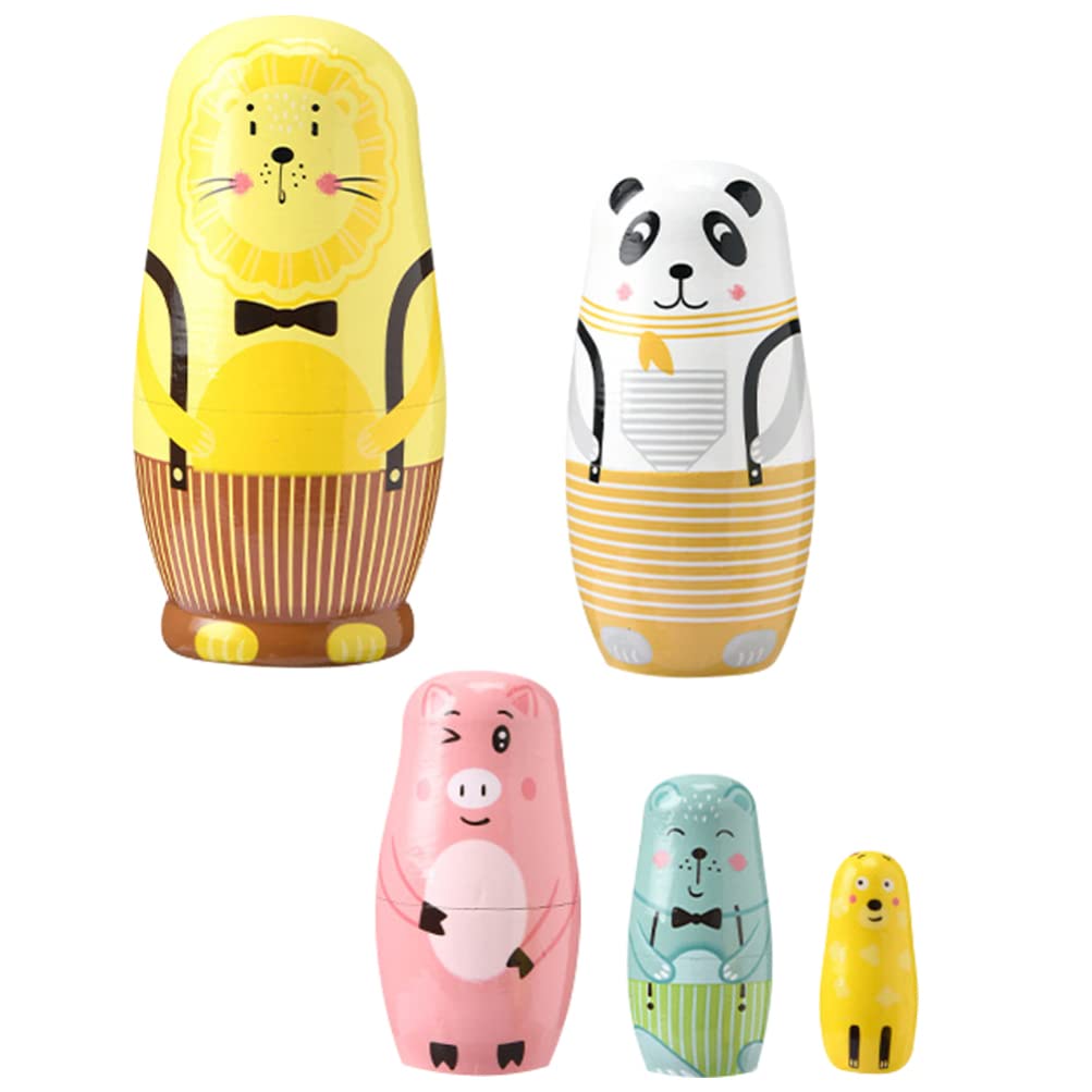 Russian Nesting Dolls Matryoshka - 5pcs Wooden Stacking Animal Toys (Lion & Pig) for Kids - Easter Basket Stuffers, Birthday Gifts - Perfect for Home Decor, Kids Playroom & Educational Learning