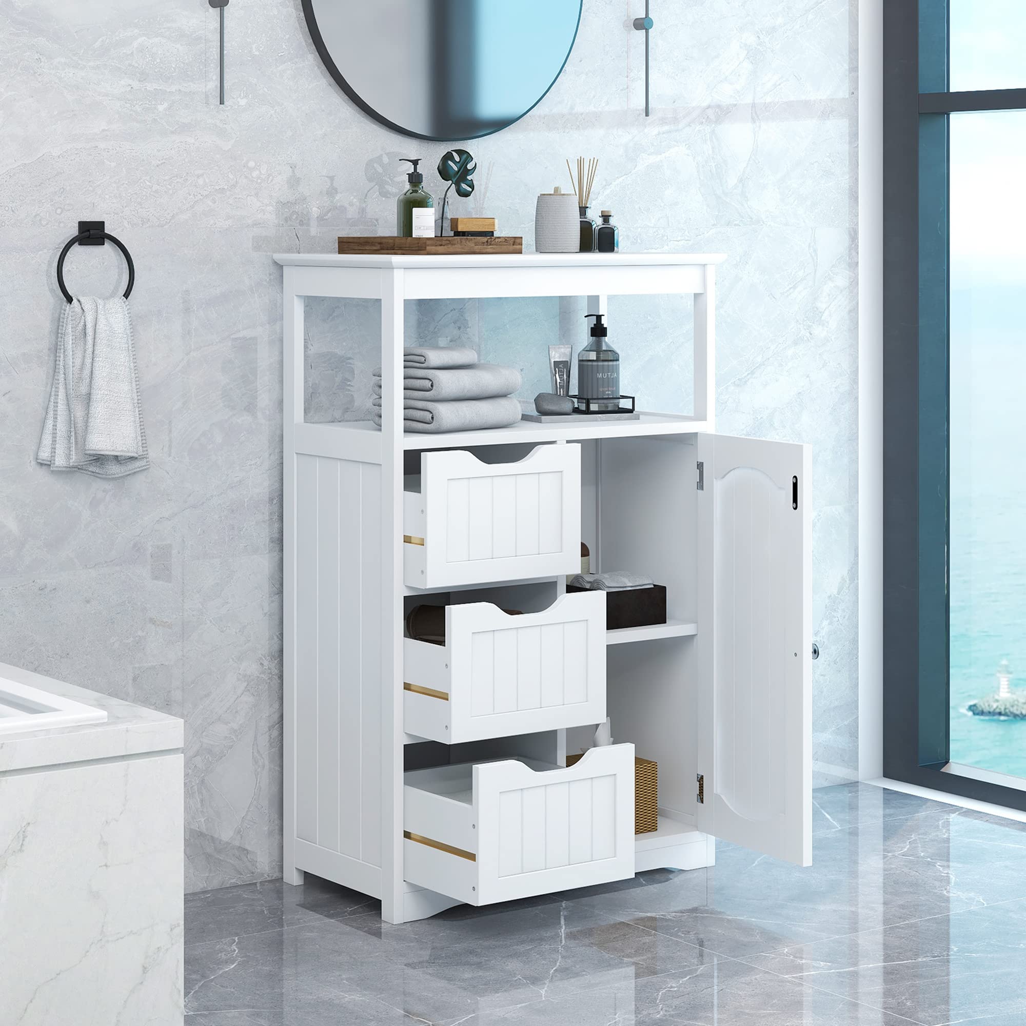 LUKYRA White Freestanding Bathroom Storage Cabinet with Door & 3 Drawers - MDF Board Painted Finish for Bathroom, Bedroom & Home Organization