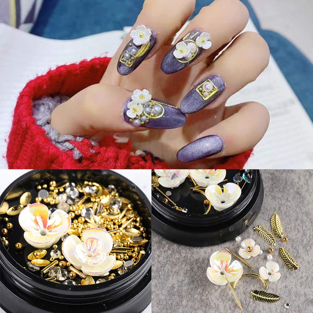 Anjetan 3D Flower Nail Rhinestones - Mixed Metal Nail Studs & Gems for Nail Art Decoration | DIY Creative Nail Charms for Manicure, Wedding, Party & Salon Use