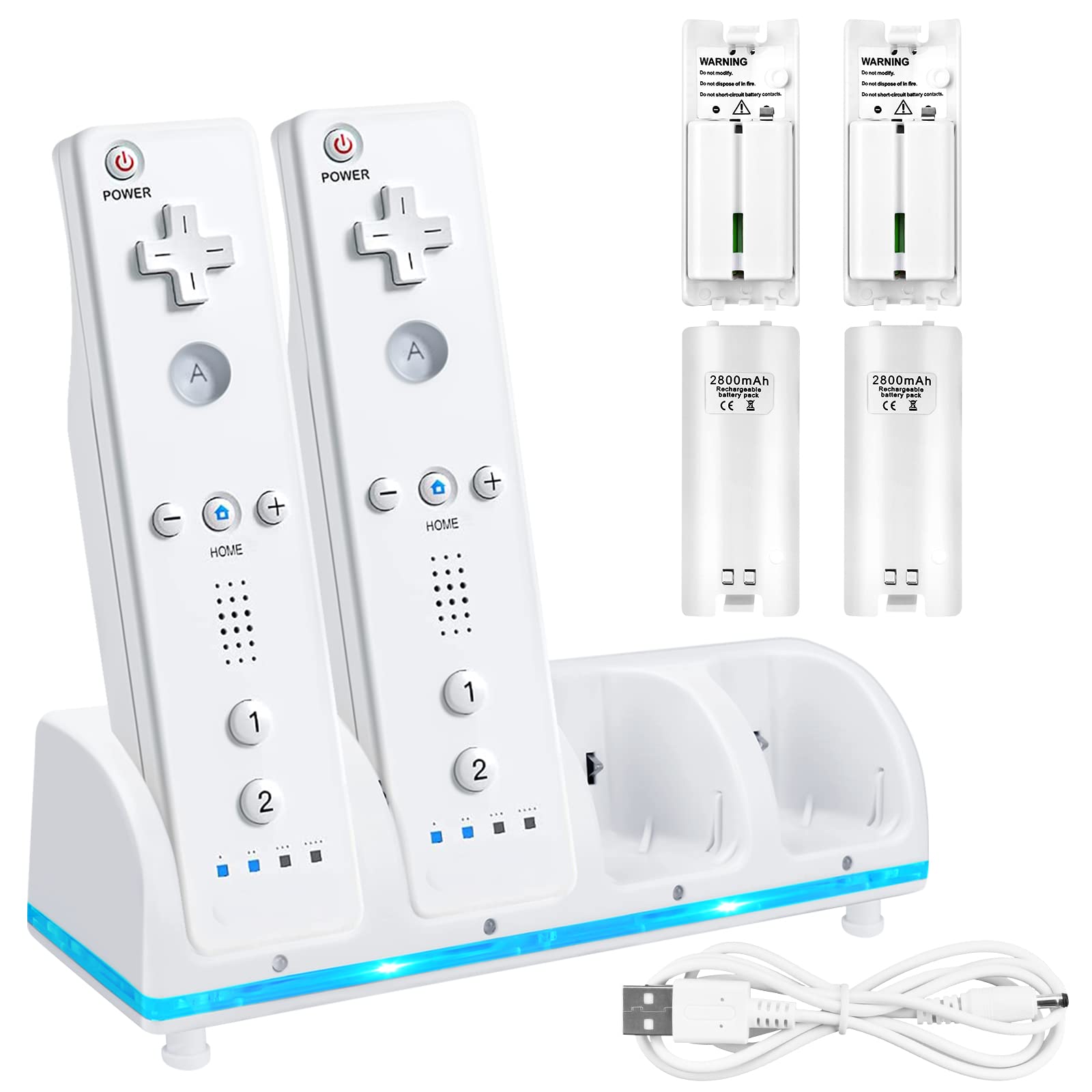 4-in-1 Wii Remote Charging Station with 4 Rechargeable Battery Packs & USB Cable - Compatible with Wii & Wii U Controllers (White) - Perfect for Gaming Nights & Family Entertainment