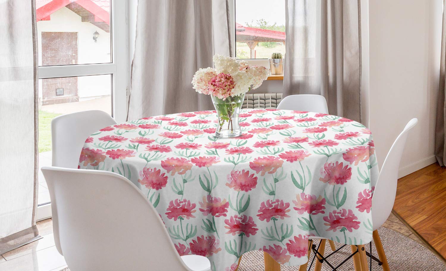 Ambesonne Watercolor Flowers Round Tablecloth - 60 Inch Pink & Mint Green Dining Table Cover for Kitchen & Home Decor | Soft Blurry Floral Design for Parties, Weddings & Everyday Use