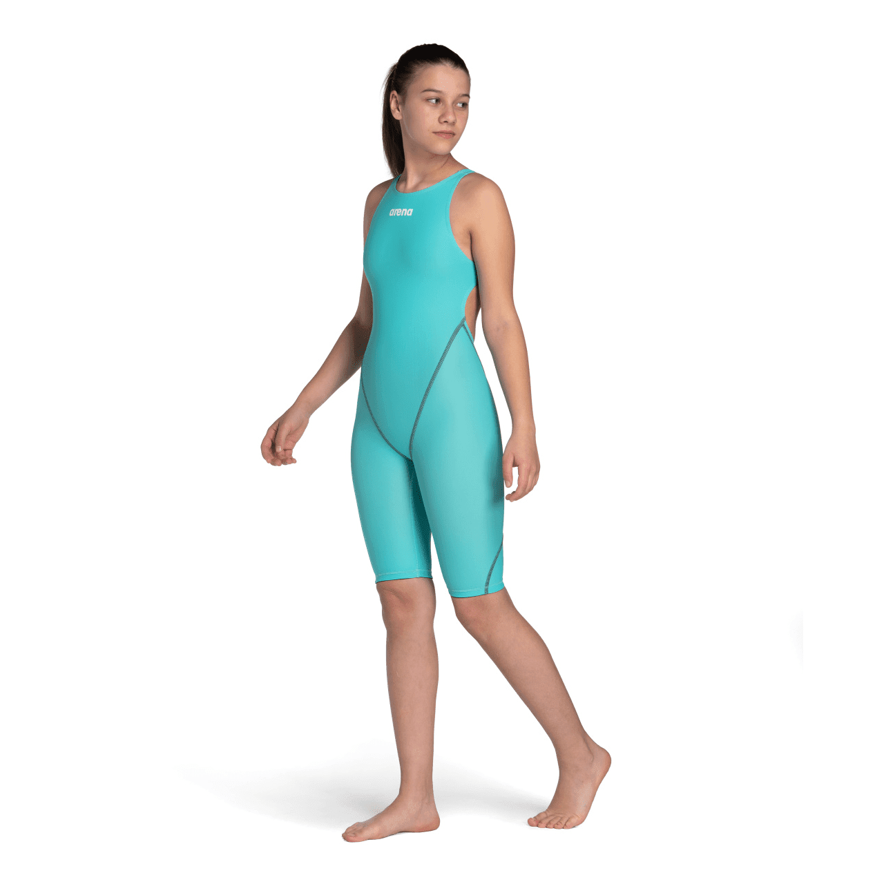 Arena Powerskin ST NEXT Junior Girls Open Back Kneeskin Swimsuit - Aquamarine Color | Competitive Swimwear for Training & Racing | Perfect for Swim Meets & Pool Practice