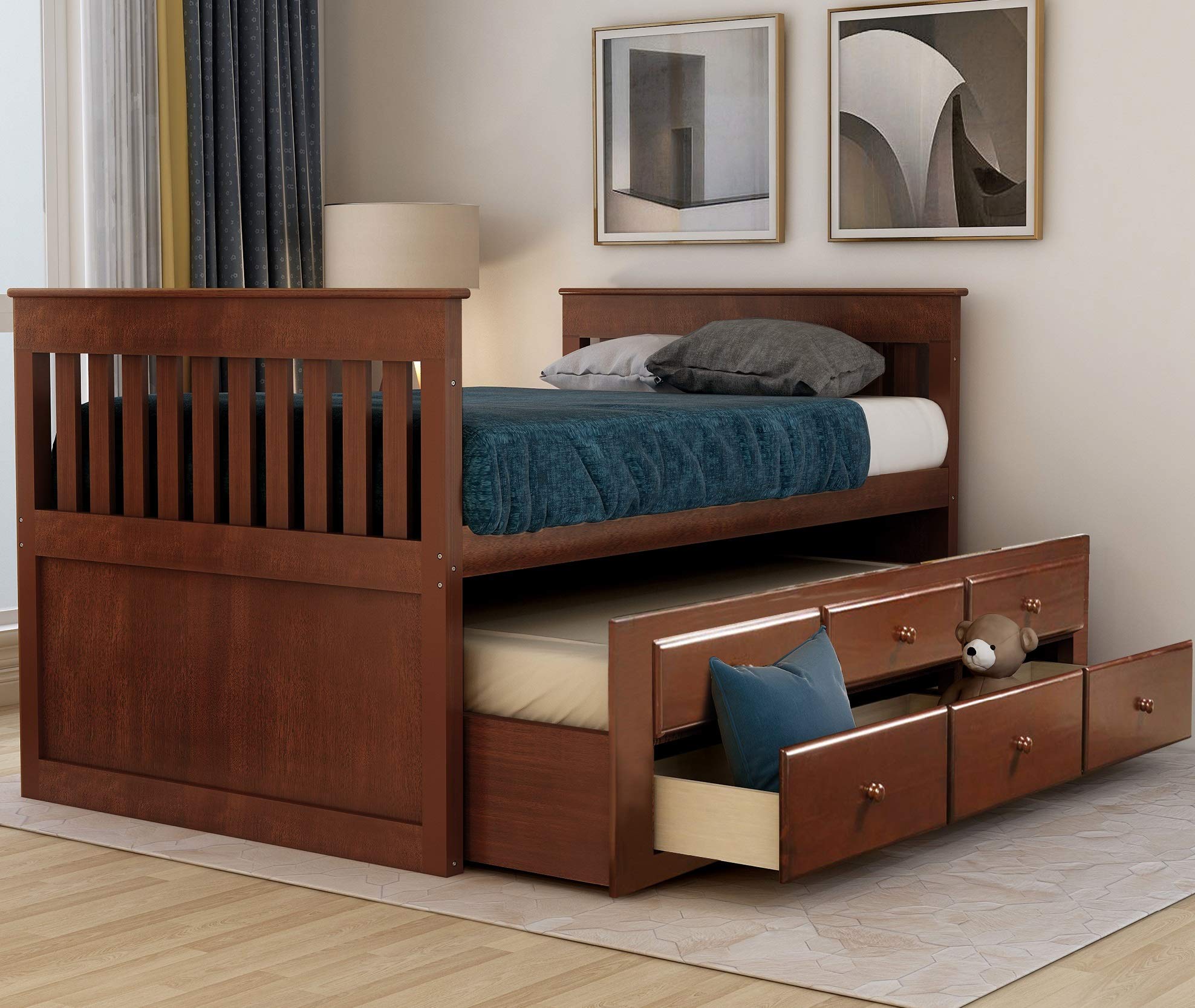 **Kids Twin Captain’s Bed with Storage Drawers & Trundle - Space-Saving Daybed for Guest Room or Kids Bedroom (Brown) - Perfect for Sleepovers, Small Spaces & Extra Storage**