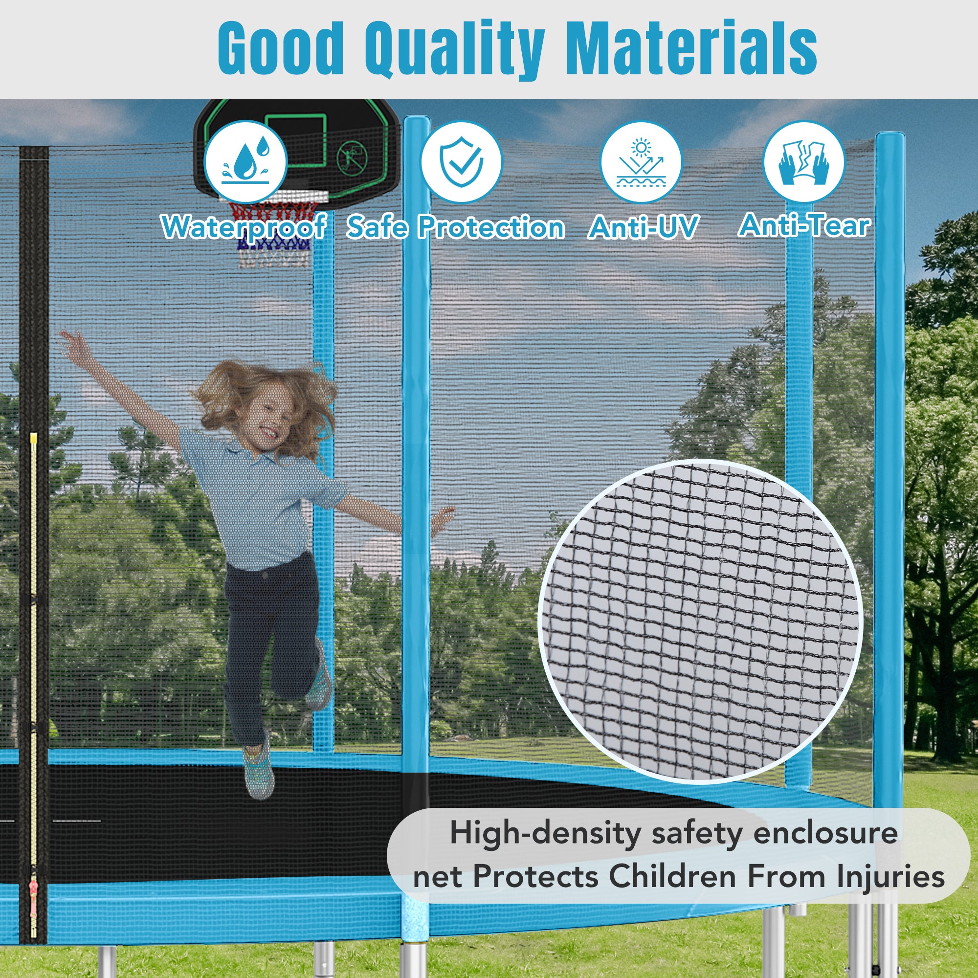 14FT Kids Trampoline with Safety Enclosure Net, Basketball Hoop & Ladder - Easy Assembly Round Outdoor Trampoline for Backyard Fun & Exercise