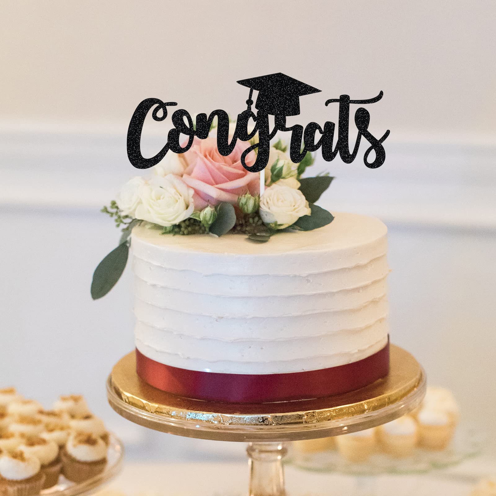 Black Glitter Congratulations Graduation Cake Topper 2024 - Elegant Grad Cake Decor for Graduation Parties, Commencement Celebrations & Dessert Table Displays