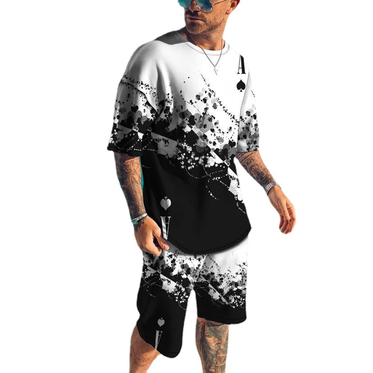 MARLLCO Men's Summer Tracksuit Set - 2 Piece Short Sleeve T-Shirt & Shorts Outfit with 3D Poker Graphic for Gym, Sports & Casual Wear | Breathable Athletic Loungewear for Workouts, Running & Summer Activities