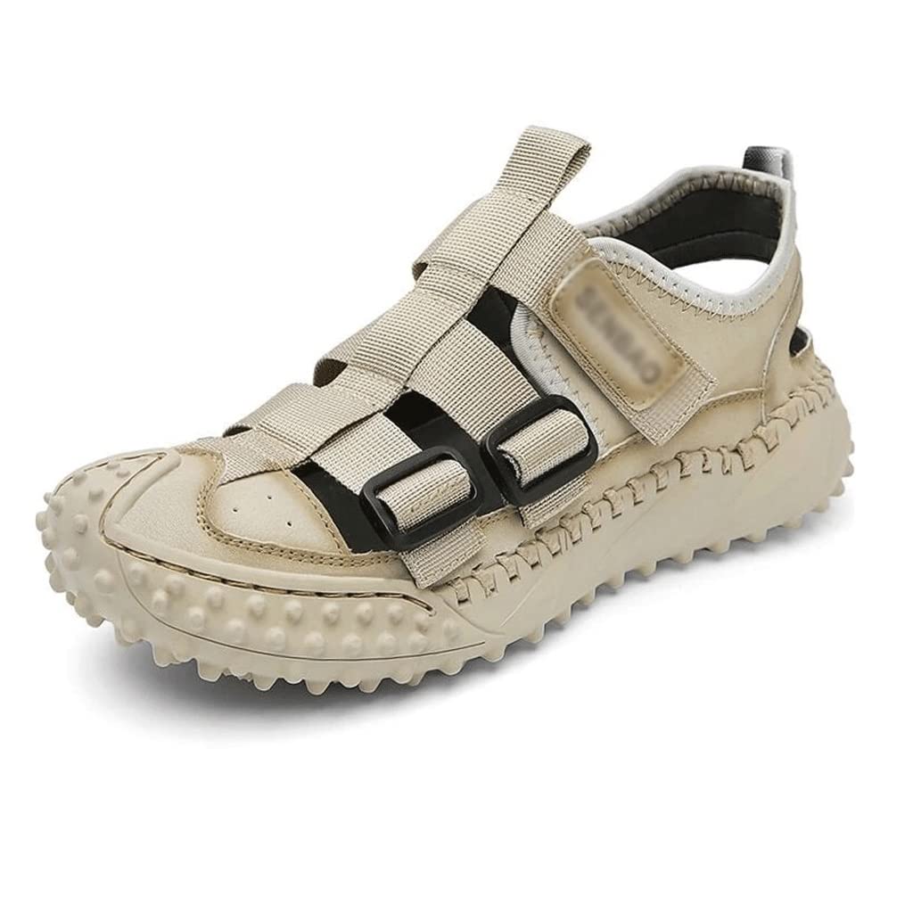 **Men's Breathable Summer Sandals - Outdoor Hiking & Beach Shoes - Handmade Rubber Patchwork Sandals for Men (Natural, Size 43) - Perfect for Walking, Travel & Casual Wear**