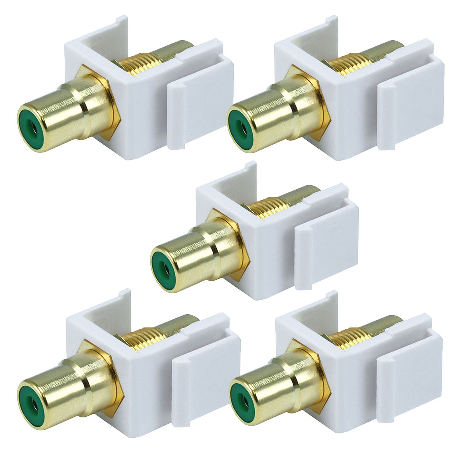 White Female RCA Keystone Jack Modular with Green Center for Wall Plates (5 Pack) - Perfect for Home Theater, Audio Systems & Network Installations