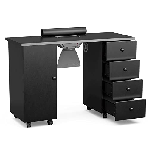 Professional Nail Salon Table with Dust Collector - Portable Manicure Pedicure Station with Lockable Wheels, Wrist Cushion & Storage Drawers - Perfect for Home & Salon Nail Art Services (Black)
