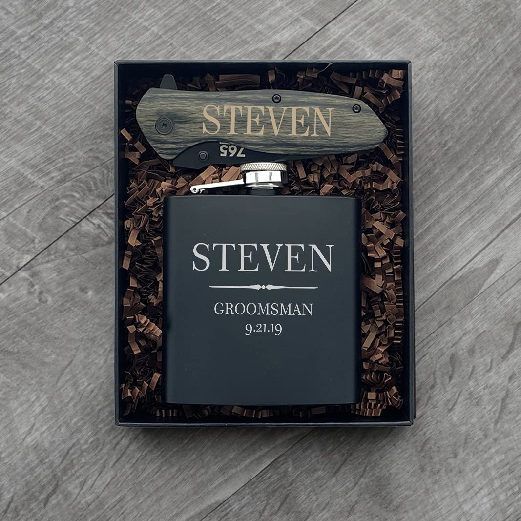 Premium Personalized Groomsman Gifts Set of 6 - Custom Engraved Flask with 9 Design Options - Best Man & Wedding Party Favors - Perfect for Proposals, Bachelor Parties & Thank You Gifts - by Froolu