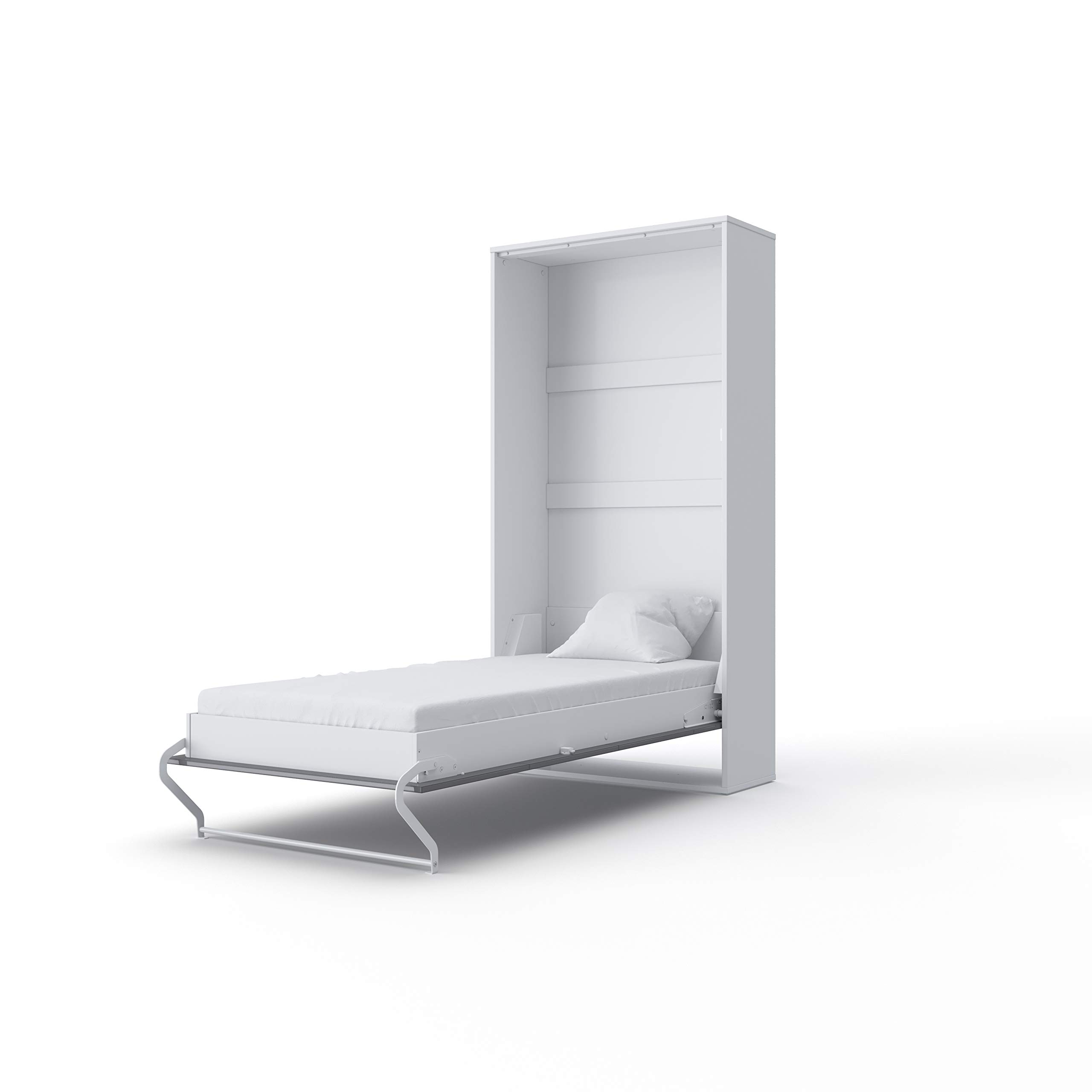 **Vertical Wall Bed with Mattress - European Twin Size (White/Slate Grey Mirror Gloss) - Space-Saving Foldable Bed for Small Apartments, Guest Rooms & Dormitories**