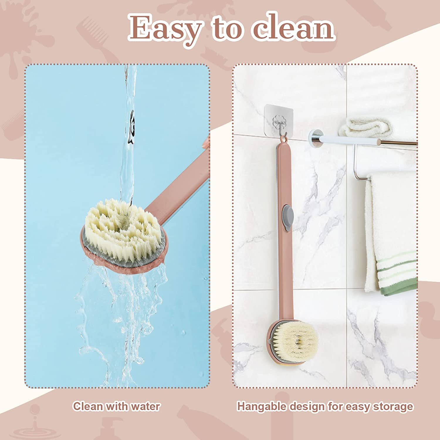 SANTINA Long Handle Soft Bristle Bath Brush with Soap Dispenser - Exfoliating Shower Scrubber for Men & Women - Back Massage & Body Cleansing - Perfect for Deep Cleaning & Skin Exfoliation in Shower or Bath