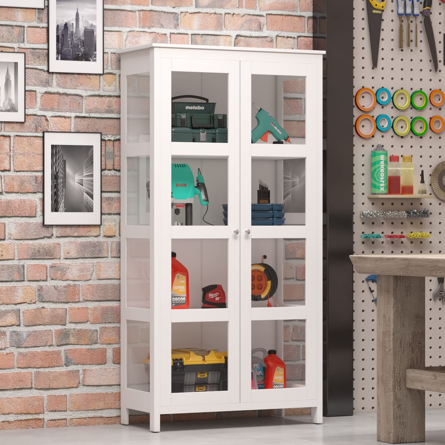 DiDuGo 4-Tier Wooden Bookcase Cabinet with 2 Acrylic Glass Doors - 35.4