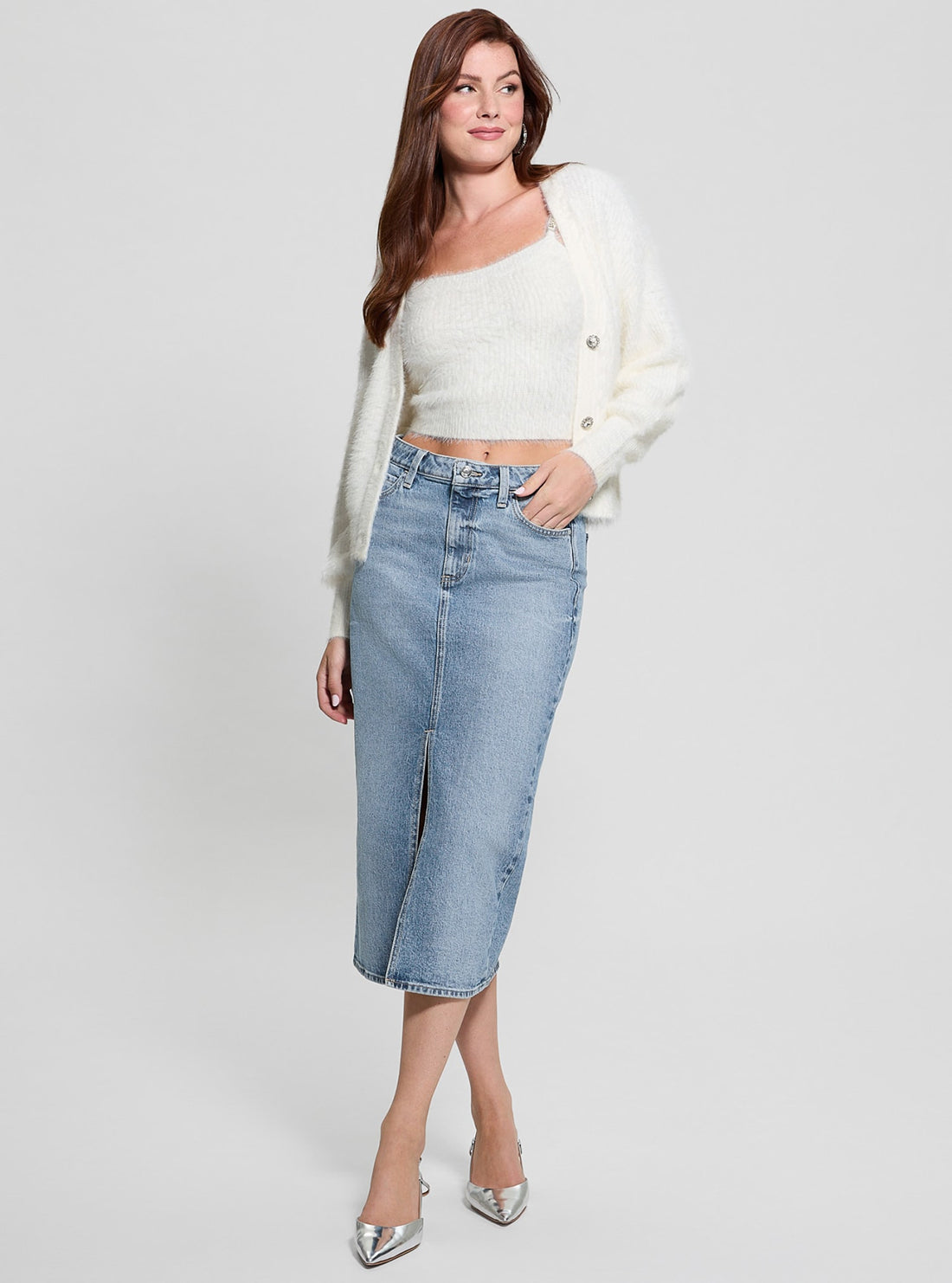 Blue Denim Midi Skirt for Women - Vintage Washed Denim A-Line Skirt with Pockets | Perfect for Casual Outfits, Date Nights & Summer Fashion