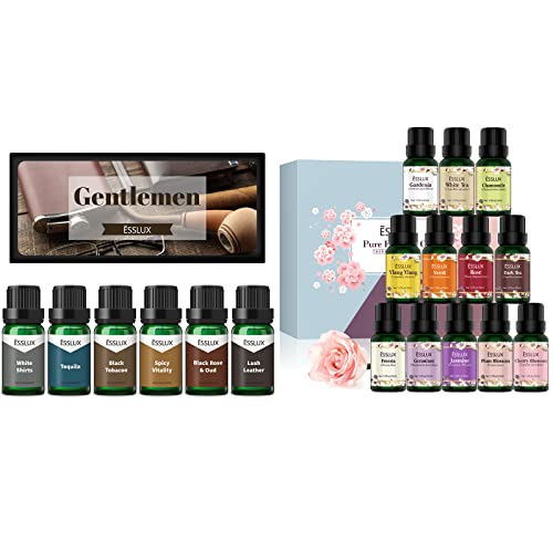 Pure Essential Oils Set - ESSLUX Floral & Gentlemen Collections (18 Pack) | Natural Fragrance Oils for Soap Making, Candle Crafting, Aromatherapy Diffusers | Perfect for Home Spa, Relaxation & Holiday Gifts