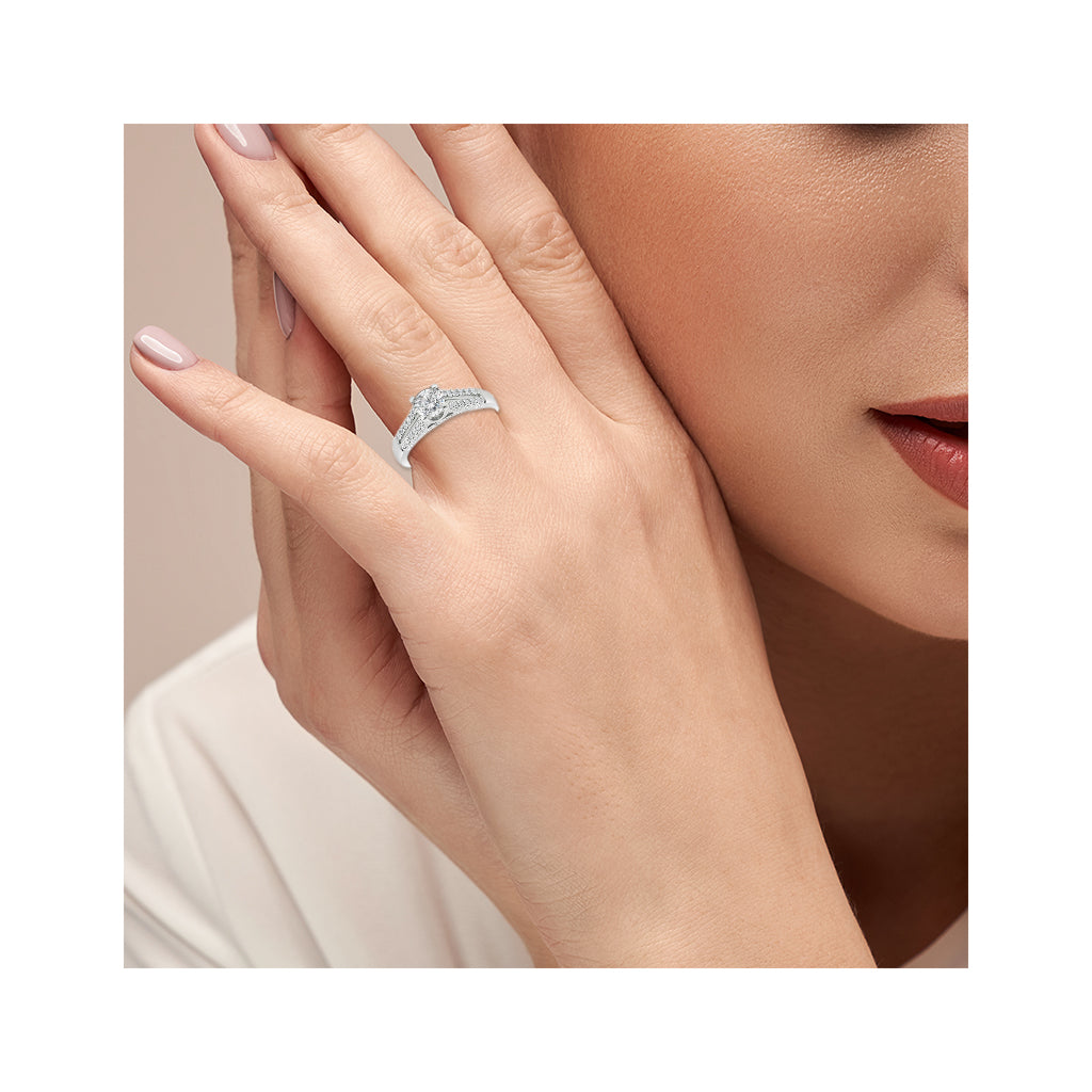 2 Row Diamond Band Solitaire with Side Stone Engagement Ring - 14K White Gold Wedding Ring for Women, Perfect for Proposals, Anniversaries & Bridal Jewelry Gifts