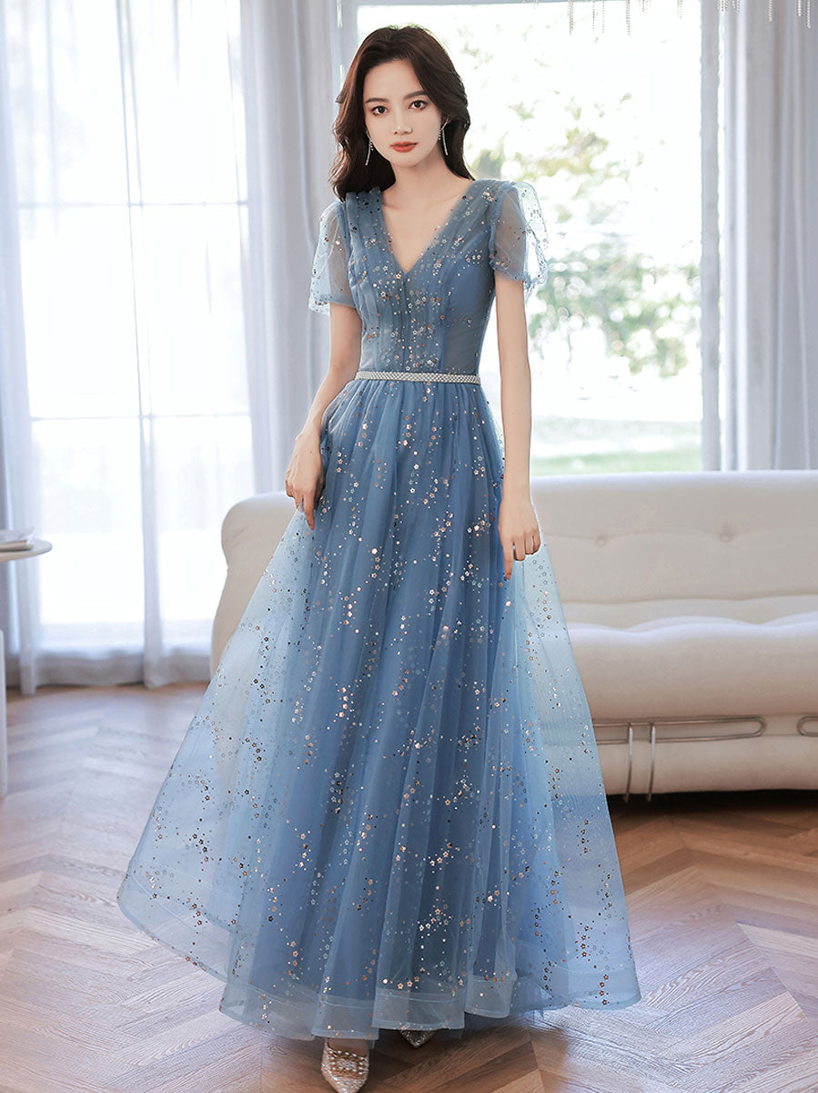 Elegant Blue V-Neck Tulle Tea Length Prom Dress | Formal Evening Gown for Women | Perfect for Homecoming, Prom Night & Special Occasions