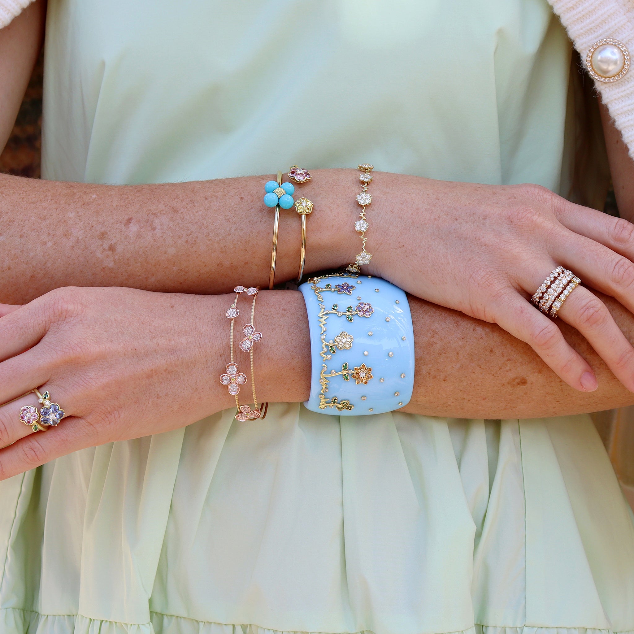 Paul Morelli Forget Me Not Double Wire Bracelet - Elegant Floral Design Gold Plated Jewelry for Women - Perfect for Weddings, Anniversaries & Everyday Wear