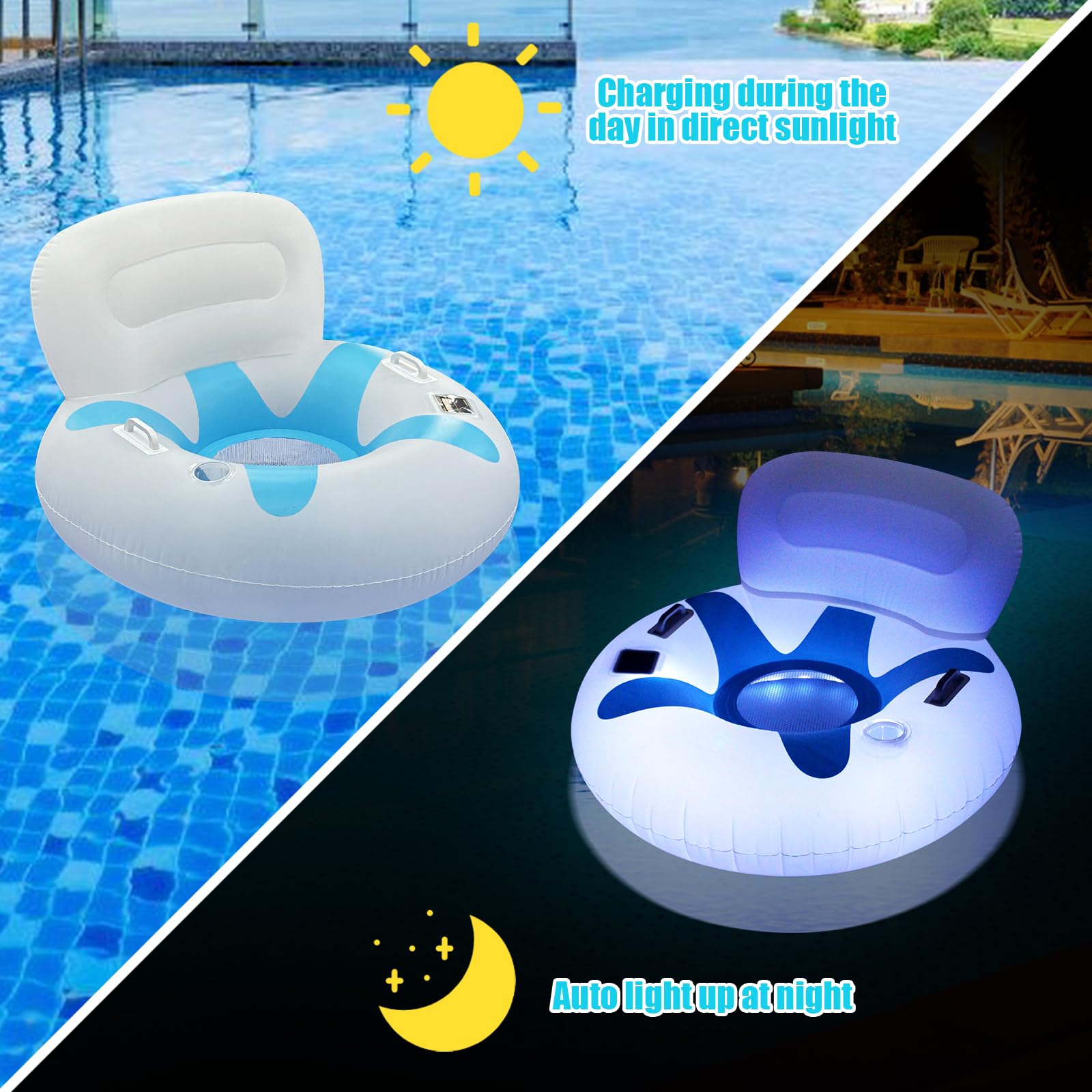 **Solar-Powered Inflatable Pool Float Chair with LED Lights - Heavy Duty Adult Pool Lounger with Large Backrest, Cup Holder & Handles | Perfect for Lake, Pool Parties & Summer Relaxation**