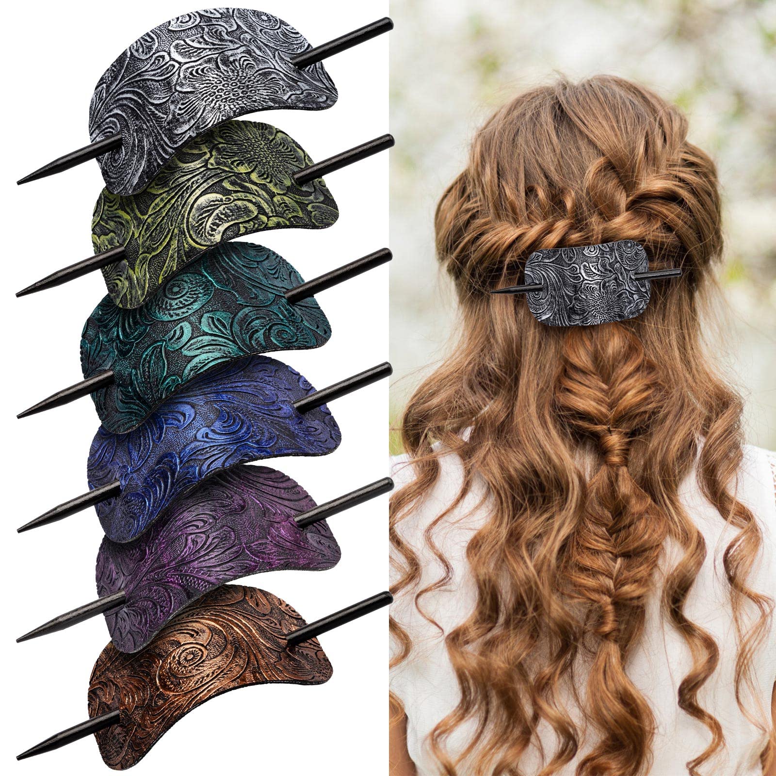 Noverlife 6PCS Leather Hair Barrettes with Wooden Stick - Square Hair Clips Set for Women & Girls, Ponytail Holders for School, Office & Wedding Hairstyles