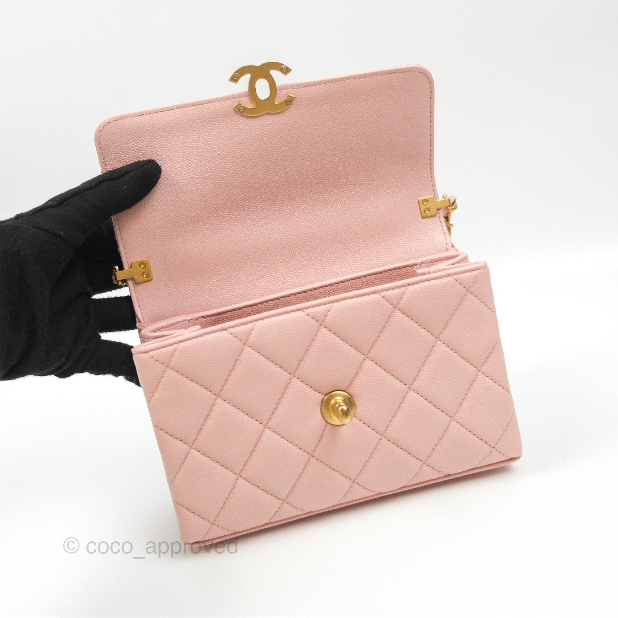 Chanel Carry Me Top Handle Flap Bag Pink Caviar Leather with Aged Gold Hardware - Perfect for Date Night & Special Occasions