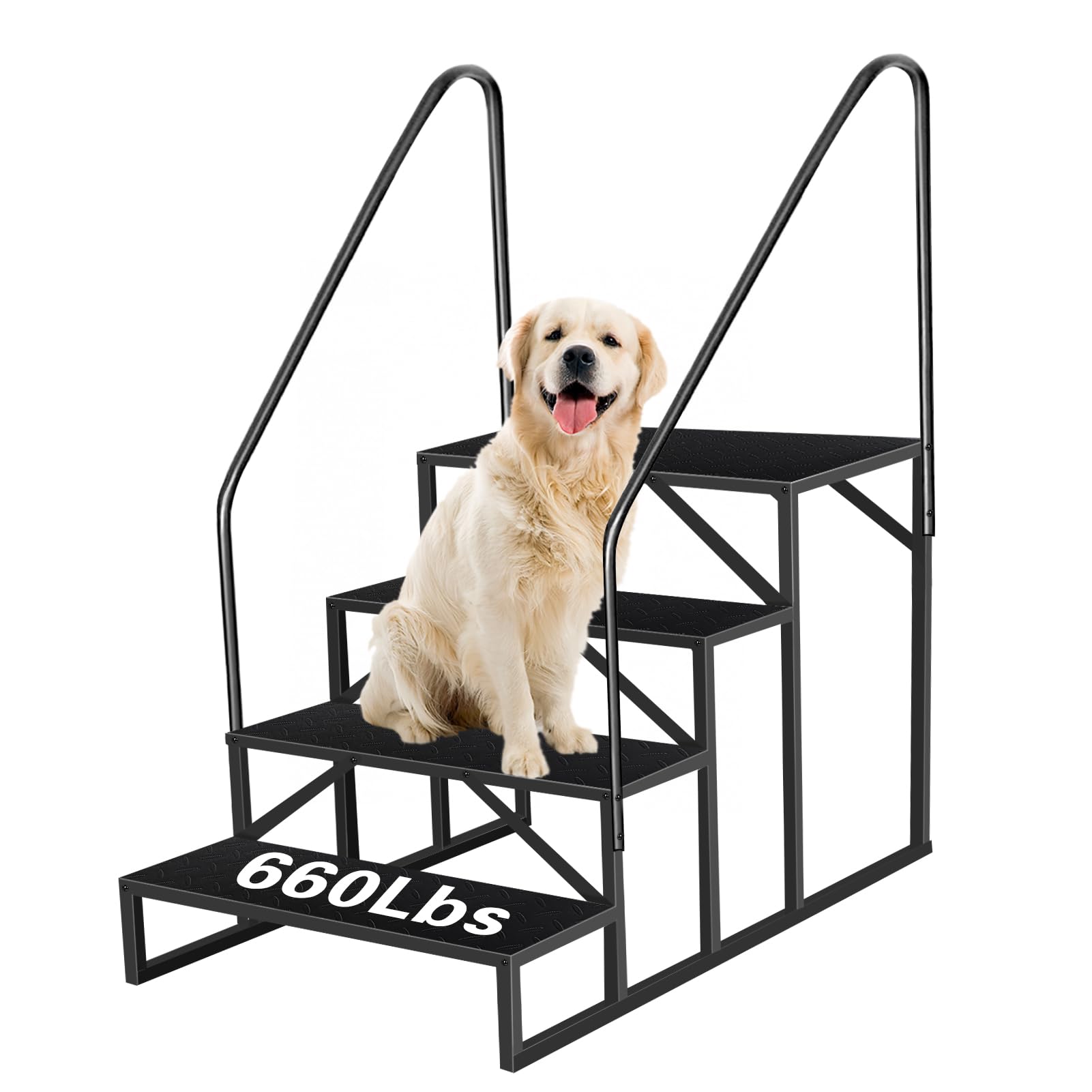 RV Steps with Handrails - 4 Step RV Stairs 660 lbs Capacity, Anti-Slip Ladder for Travel Trailers & Mobile Homes (Black) | Durable Outdoor Steps for Camping, Road Trips & RV Living