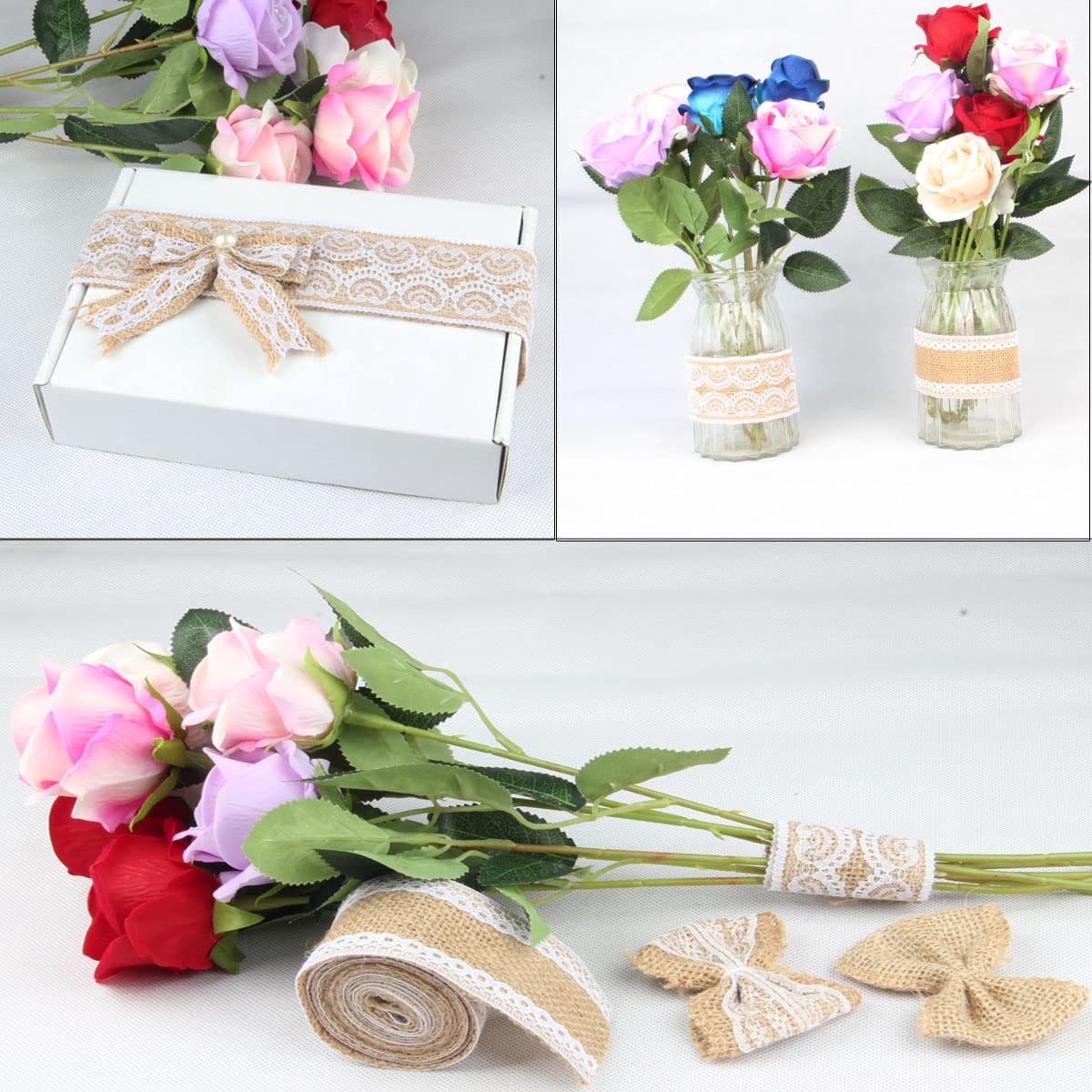 6 Rolls Natural Burlap Ribbon with White Lace & 32FT Jute Twine - DIY Home Decor, Wedding Party Favors, Gift Wrapping Supplies - Perfect for Rustic Wedding Decorations, Christmas Crafts and Farmhouse Style Packaging