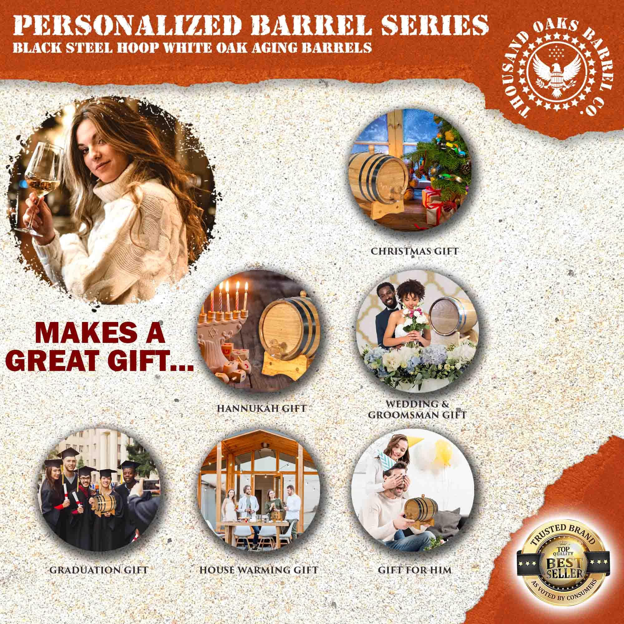 5 Liter Personalized Oak Wine Barrel (1 Gallon) with Stand, Bung & Spigot - Custom Engraved V16 Design for Aging Whiskey, Bourbon, Cocktails & Beer | Perfect for Home Bars, Gifts & Craft Brewing