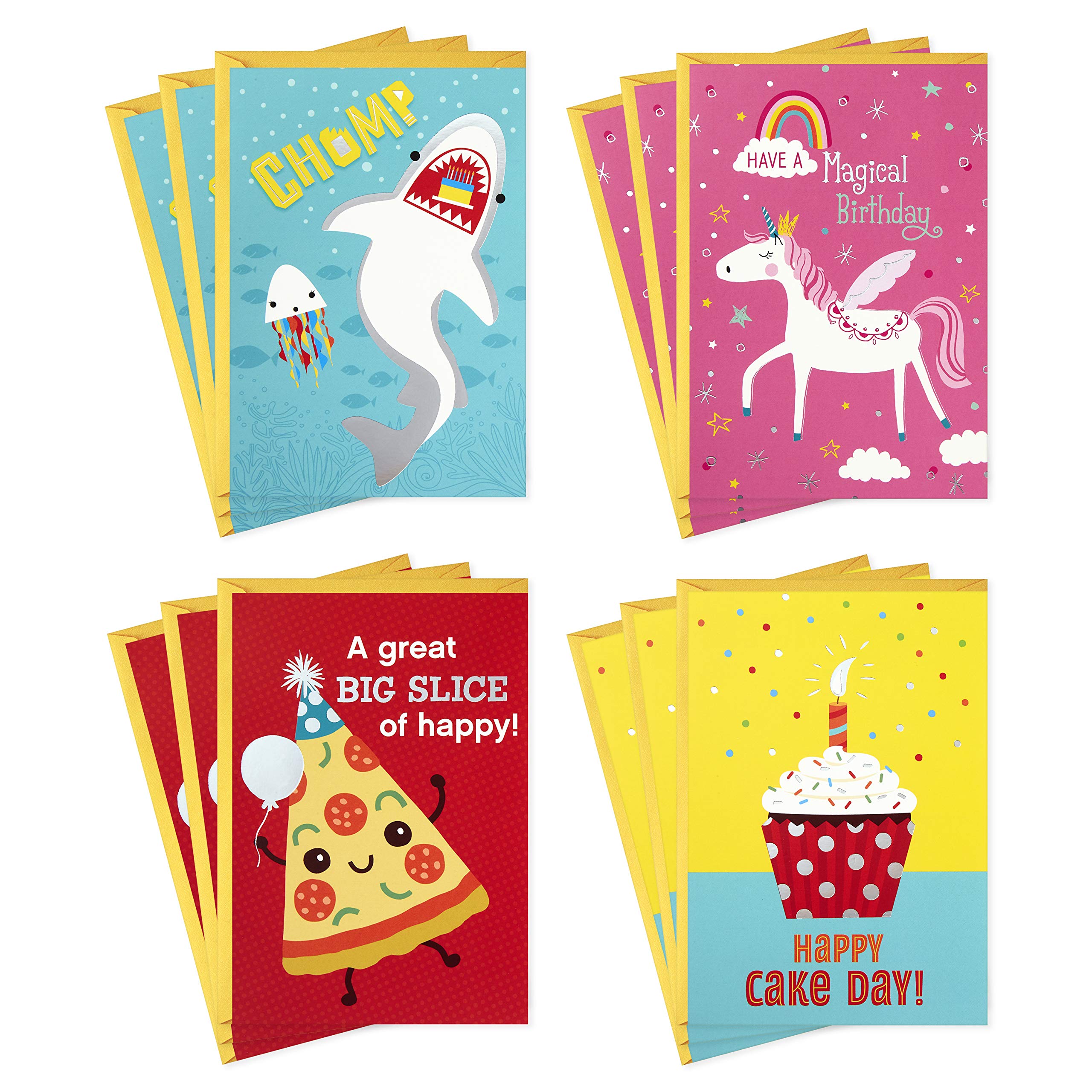 Hallmark Assorted Birthday Greeting Cards - 12 Pack with Envelopes | Kids Birthday Cards Set Featuring Shark & Unicorn Designs - Perfect for Parties, School Events & Family Celebrations