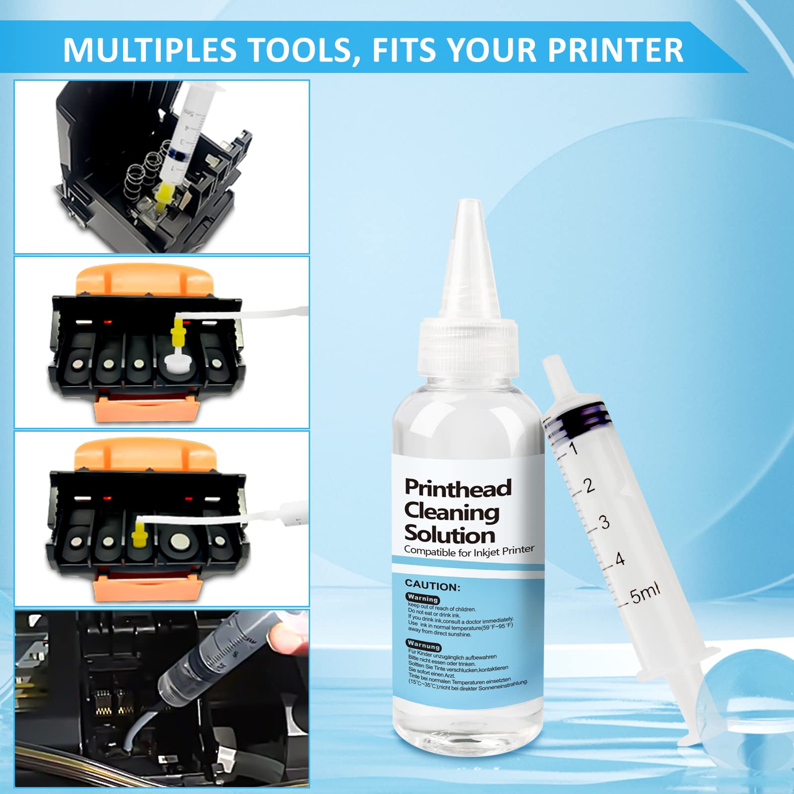 Wawocs Printer Cleaning Kit - 100ML Ink Head Cleaning Solution & Nozzle Cleaner for Epson HP Canon Inkjet Printers | Unclog Nozzles, Improve Print Quality | Home & Office Use