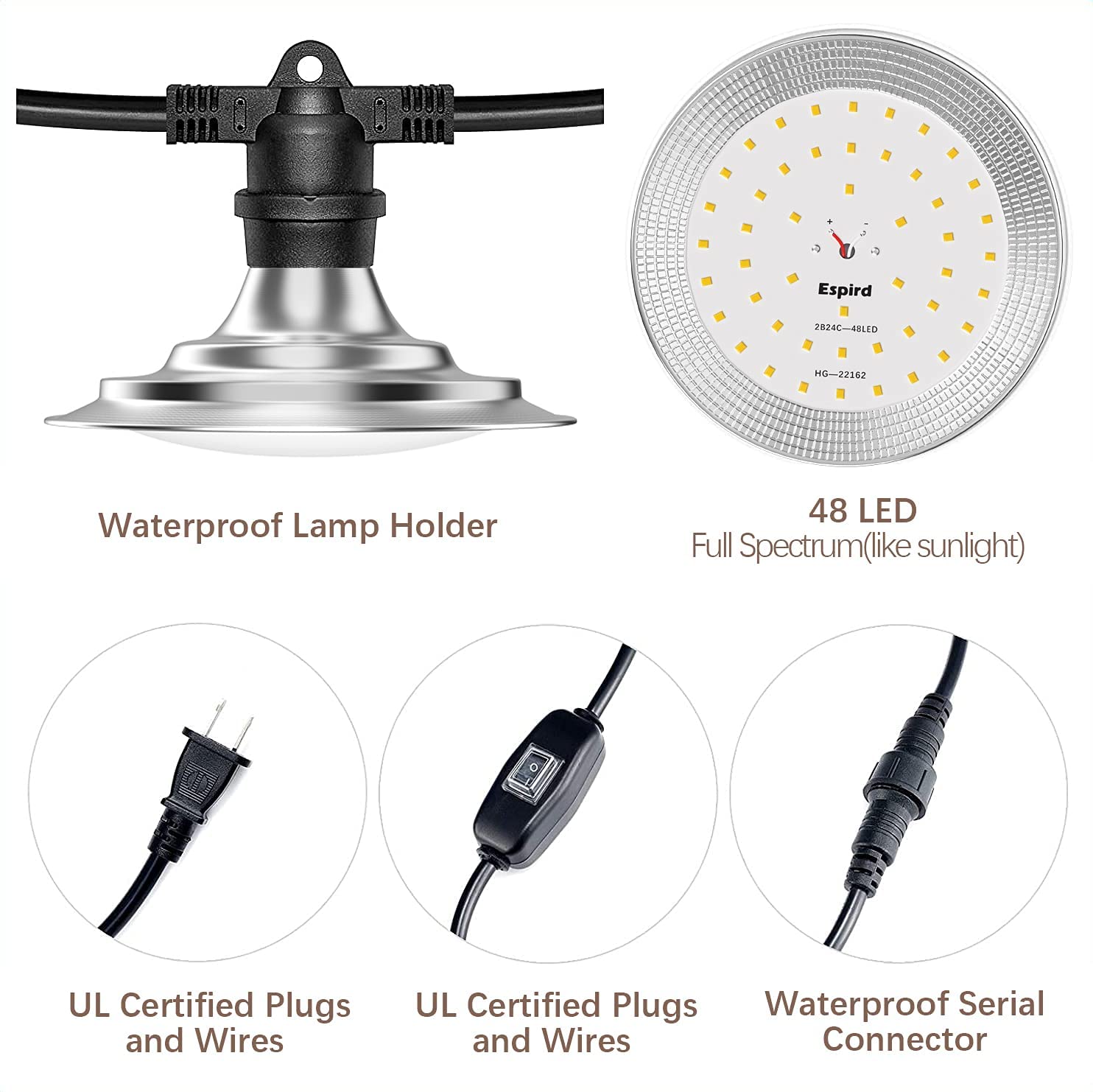 Espird 12-Bulb Full Spectrum LED Grow Light for Greenhouse - Waterproof Plant Growing Lamp for Seedlings, Vegetables & Flowers | Indoor/Outdoor Hydroponics, Vertical Farming & Home Gardening