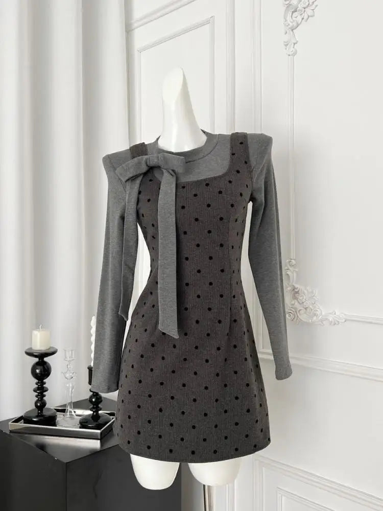 2024 Autumn Women's Fashion French Two-Piece Set - Grey Bow Long Sleeve Top + Square Neck High Waist Dot Wrap Mini Dress | Office Wear & Date Night Outfits