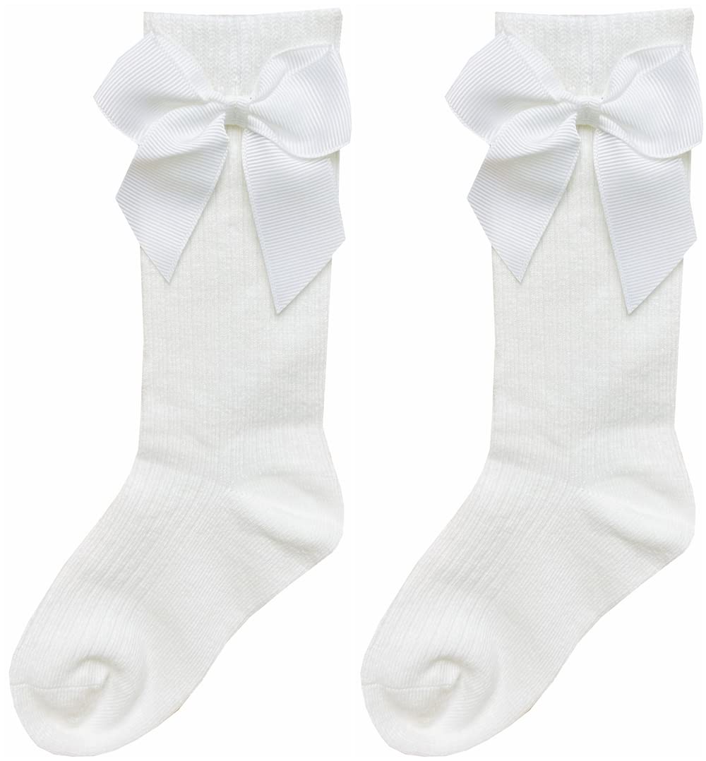 Little Girls' Knee High Socks with Bow Stitching - 6 Pack Cotton Dress & Casual Long Stockings for School, Party, and Everyday Wear (6 Colors)