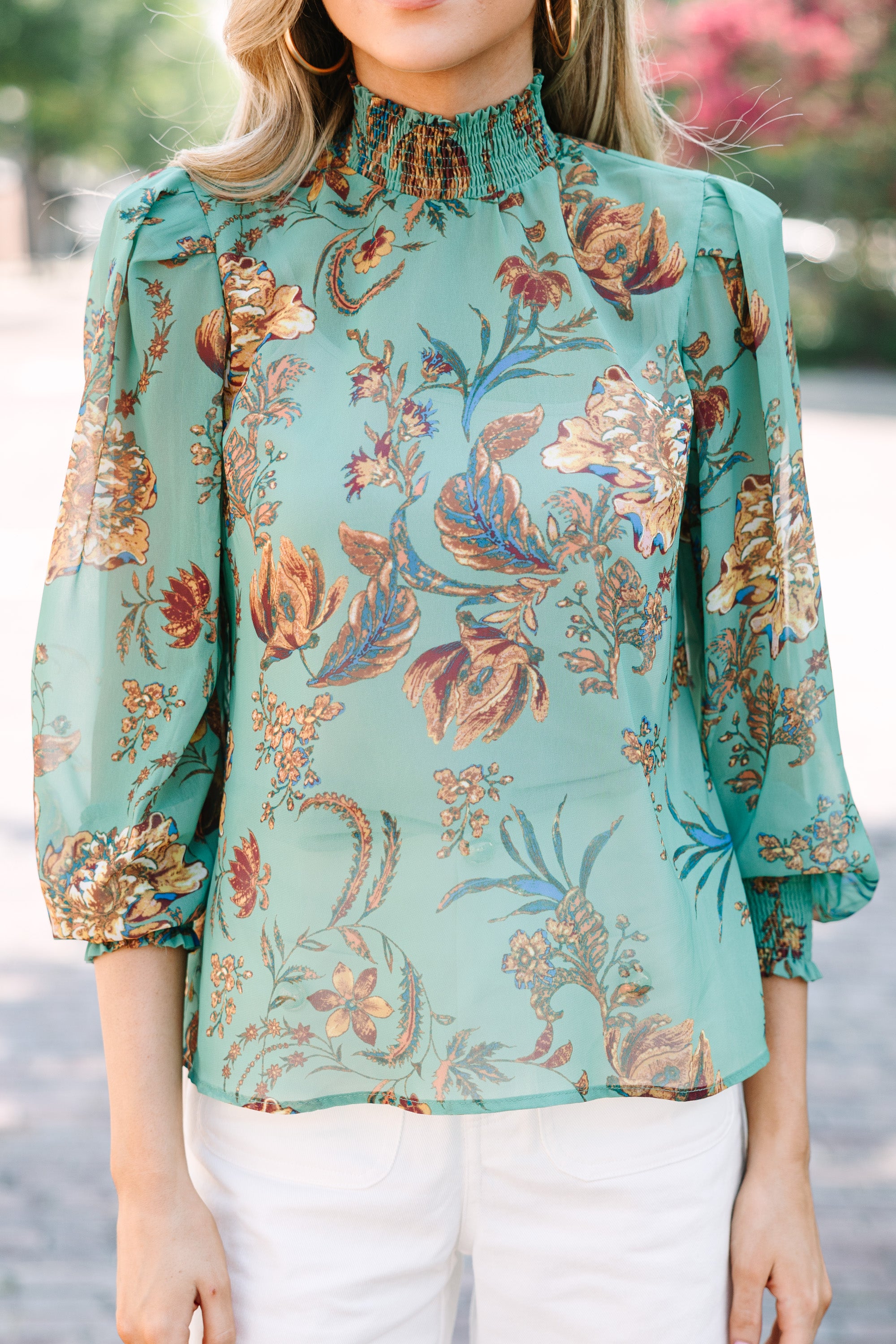 Elegant Sage Green Floral Blouse for Women - Boho Chic Long Sleeve Tops - Perfect for Spring Outfits & Office Wear