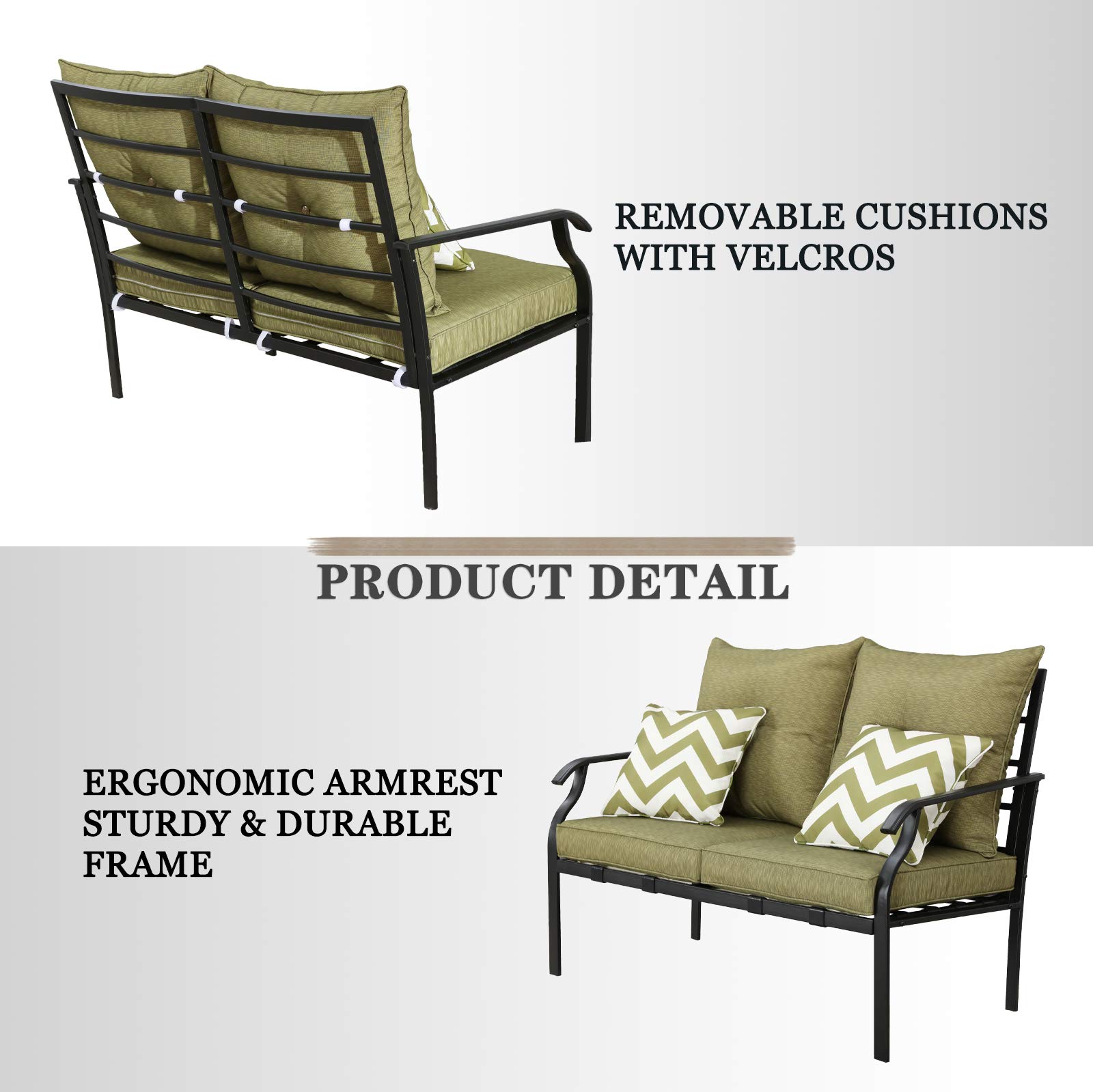 2-Piece Patio Conversation Set with Loveseat, Cushions, Pillows & Coffee Table - Outdoor Metal Garden Furniture for Backyard, Porch (Green) | Perfect for Relaxing, Entertaining & Outdoor Gatherings