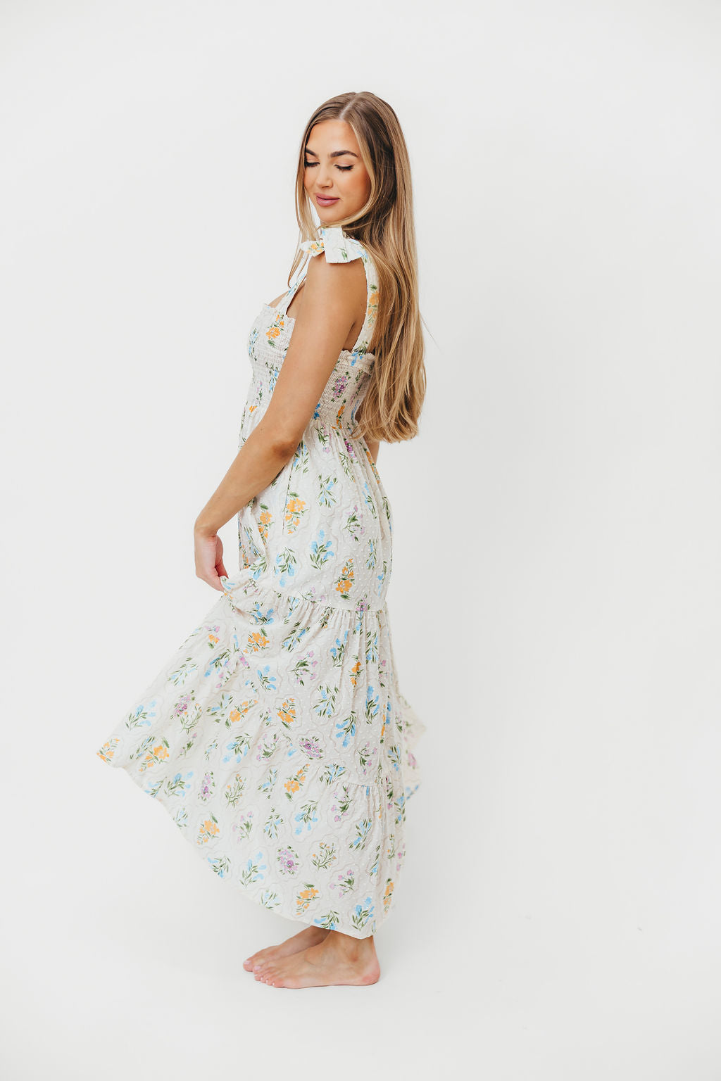 Liliosa Women's 100% Cotton Floral Maxi Dress in Cream - Perfect for Summer Beach Vacations, Garden Parties & Casual Outings