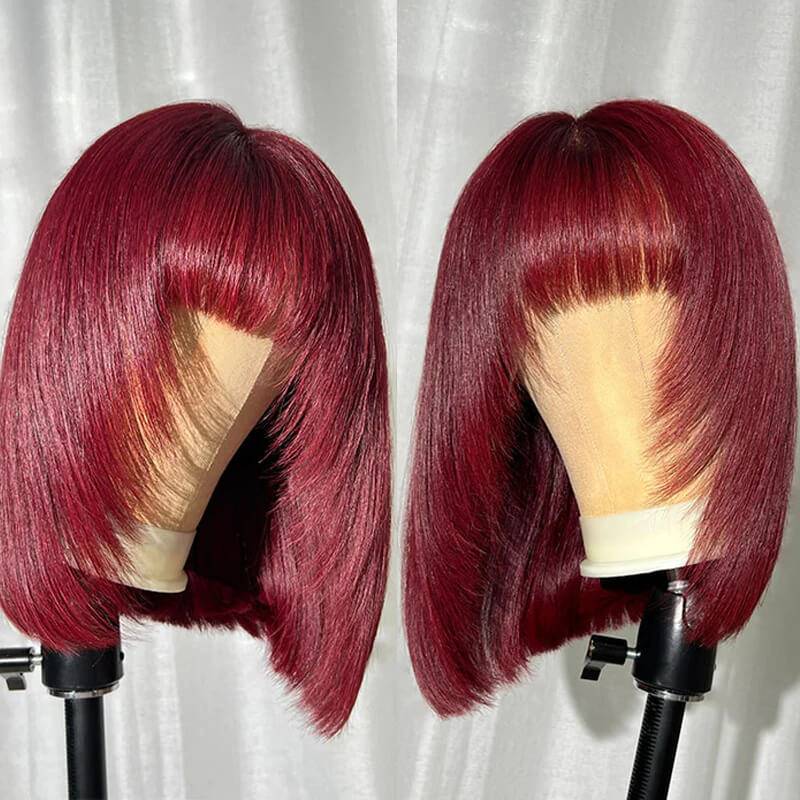 Eullair Short Bob Wig with Layered Cut Bangs - Glueless Straight Human Hair Lace Closure Wig (4x4 & 5x5) - Perfect for Cosplay, Daily Wear & Fashion Styling