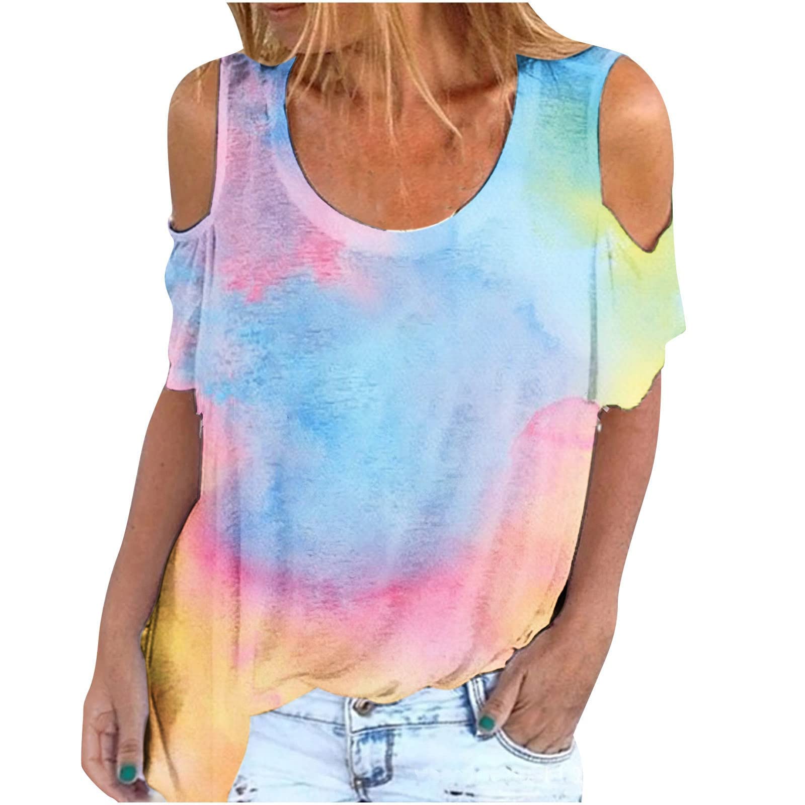Women's Cold Shoulder Tops - Summer Short Sleeve Butterfly Print Blouse, Stretch Casual Crewneck T-Shirt (Perfect for Beach Outings, Date Nights & Summer Vacations)