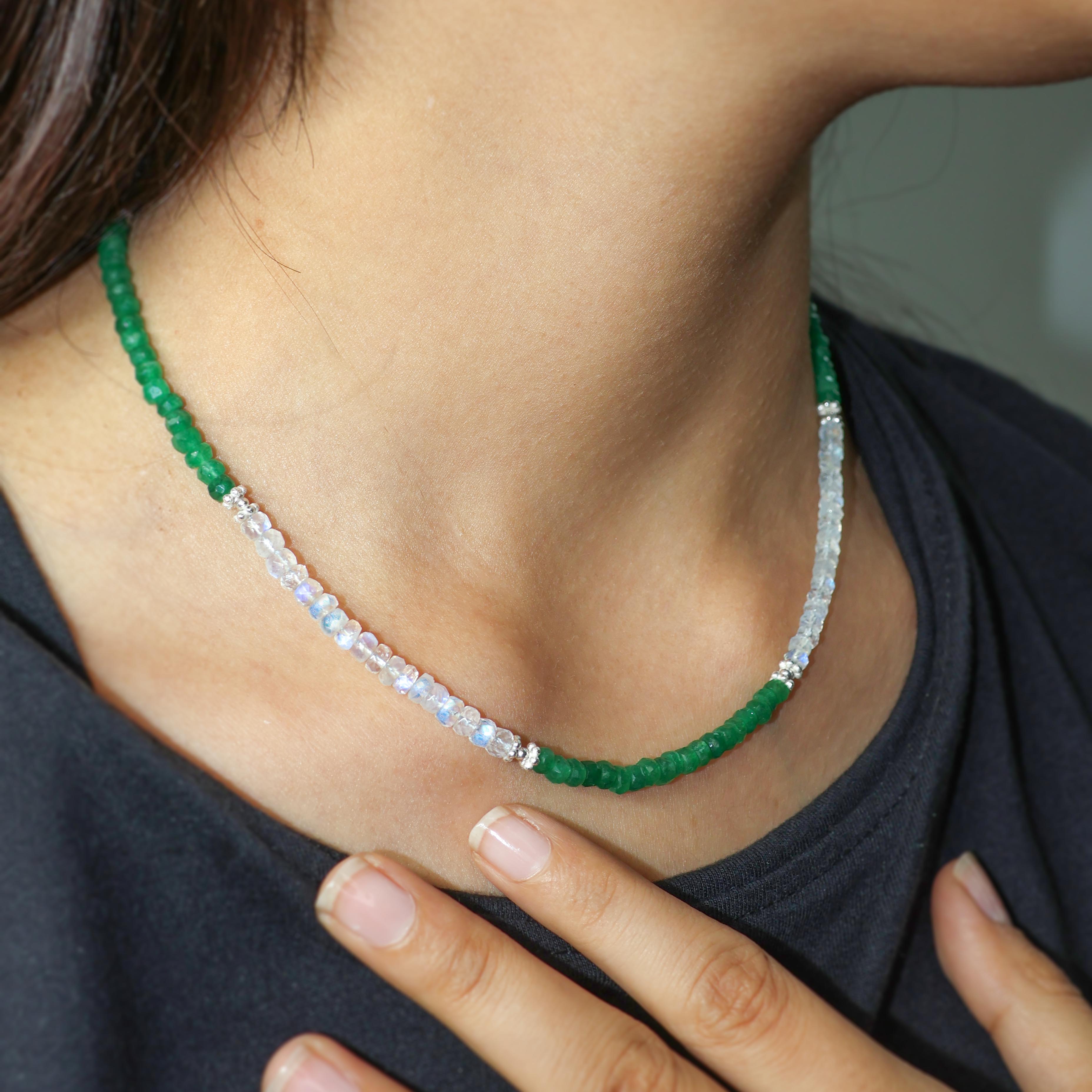 Natural Moonstone & Emerald Beaded Necklace for Women | Boho Chic Jewelry | Healing Crystal Necklace | Perfect for Yoga, Meditation & Spiritual Gifts