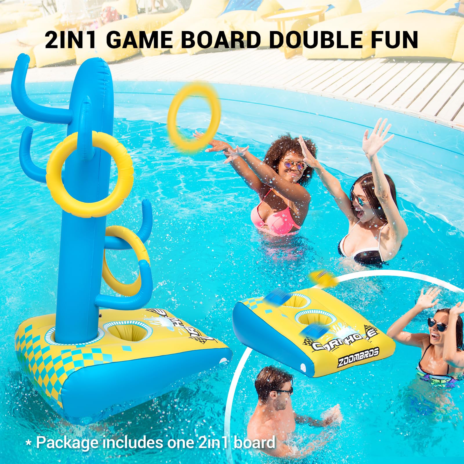 2-in-1 Inflatable Cornhole & Ring Toss Game Set with 6 Bean Bags - Floating Pool Party Games for Adults, Teens and Family - Perfect for Backyard BBQs, Beach Outings and Summer Pool Parties