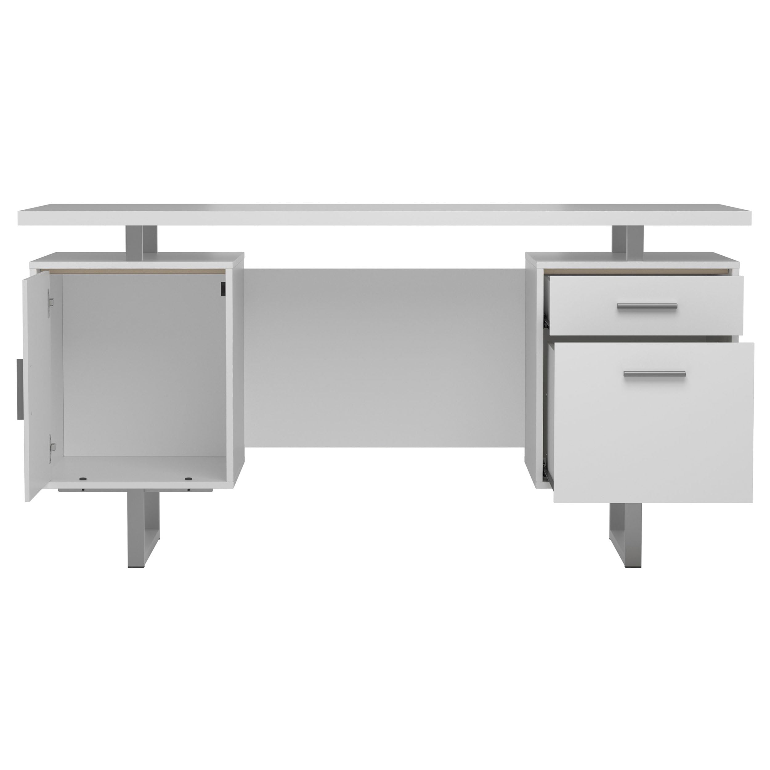 Modern Contemporary 2-Drawer Home Office Writing Desk with Storage File Cabinet - Silver Metal Frame & White High Gloss Finish - Perfect for Small Spaces, Home Offices, and Workspaces (Model 803521)